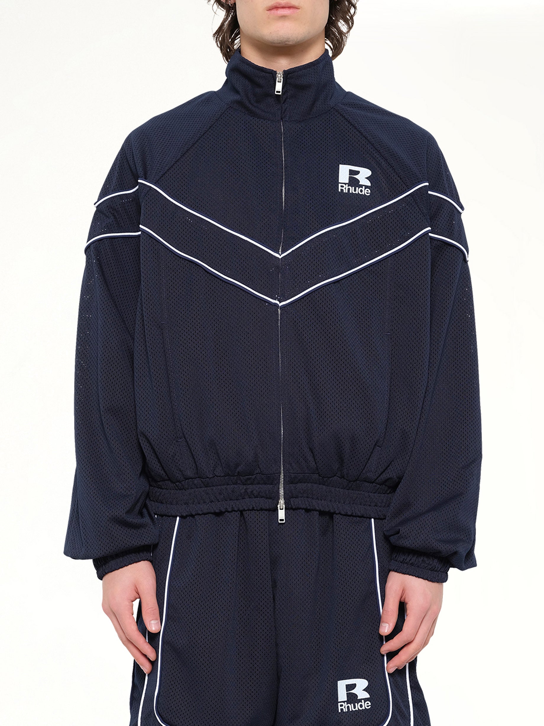 RHUDE , Rhude Mesh Piping Raglan Track Jacket in Navy/White Front View from MARAIS