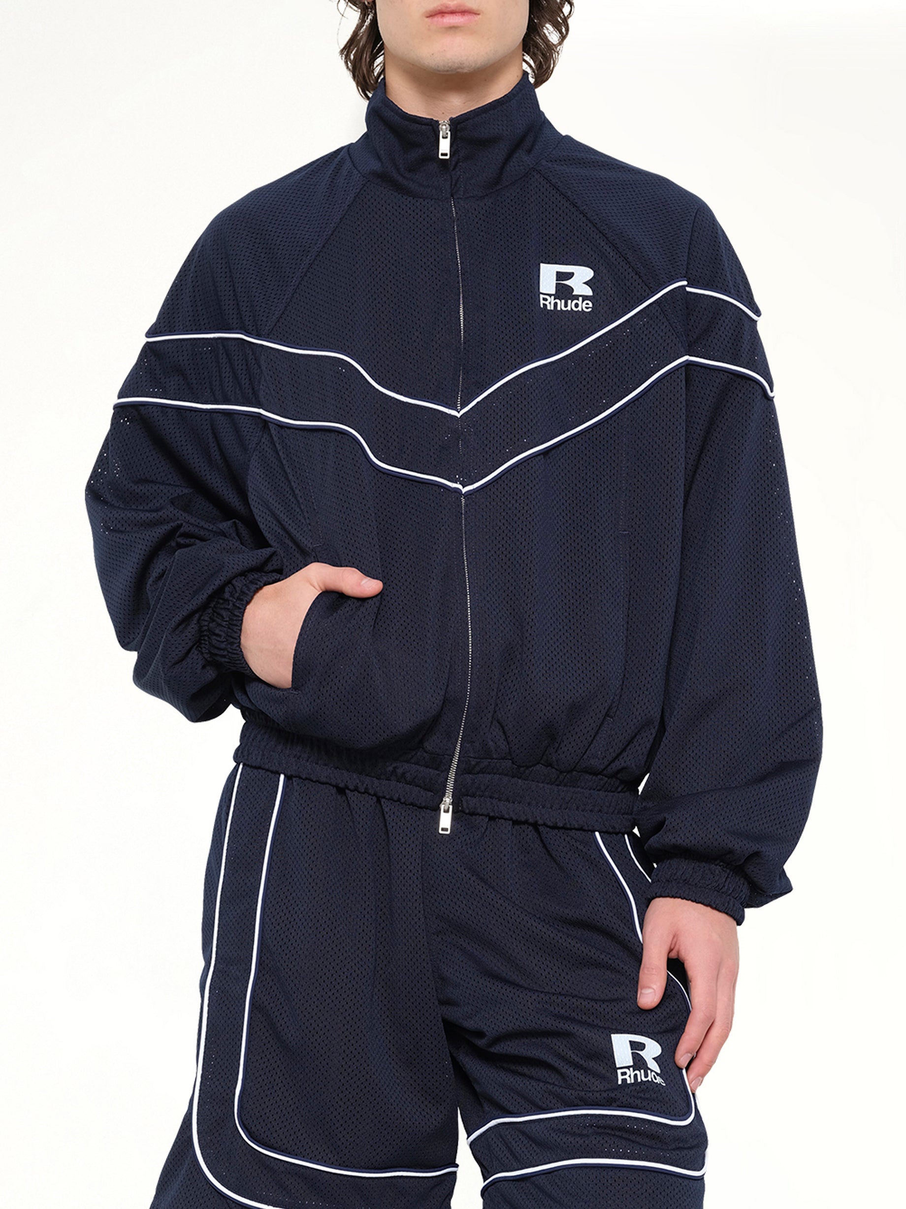 RHUDE , Rhude Mesh Piping Raglan Track Jacket in Navy/White Detail Shot from MARAIS