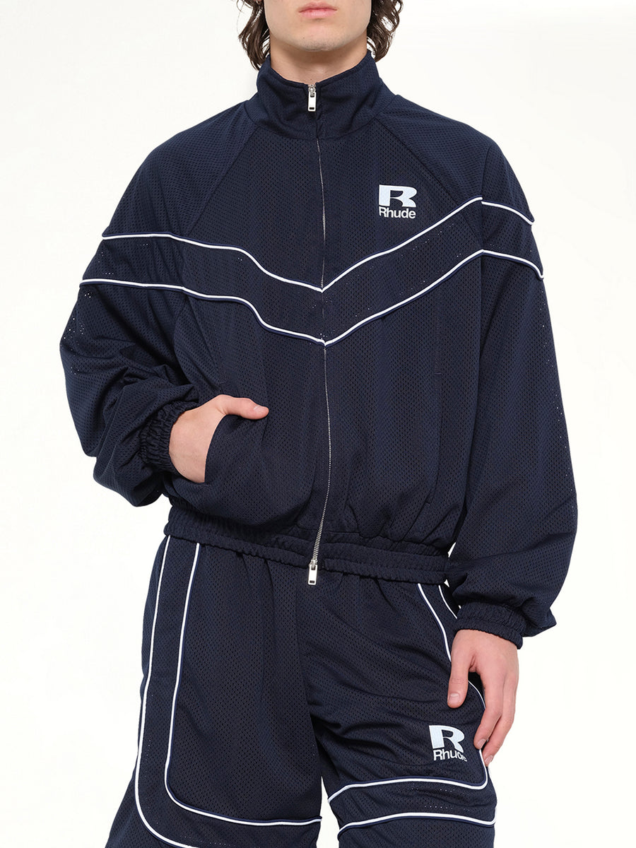Rhude Mesh Piping Raglan Track Jacket in Navy/White