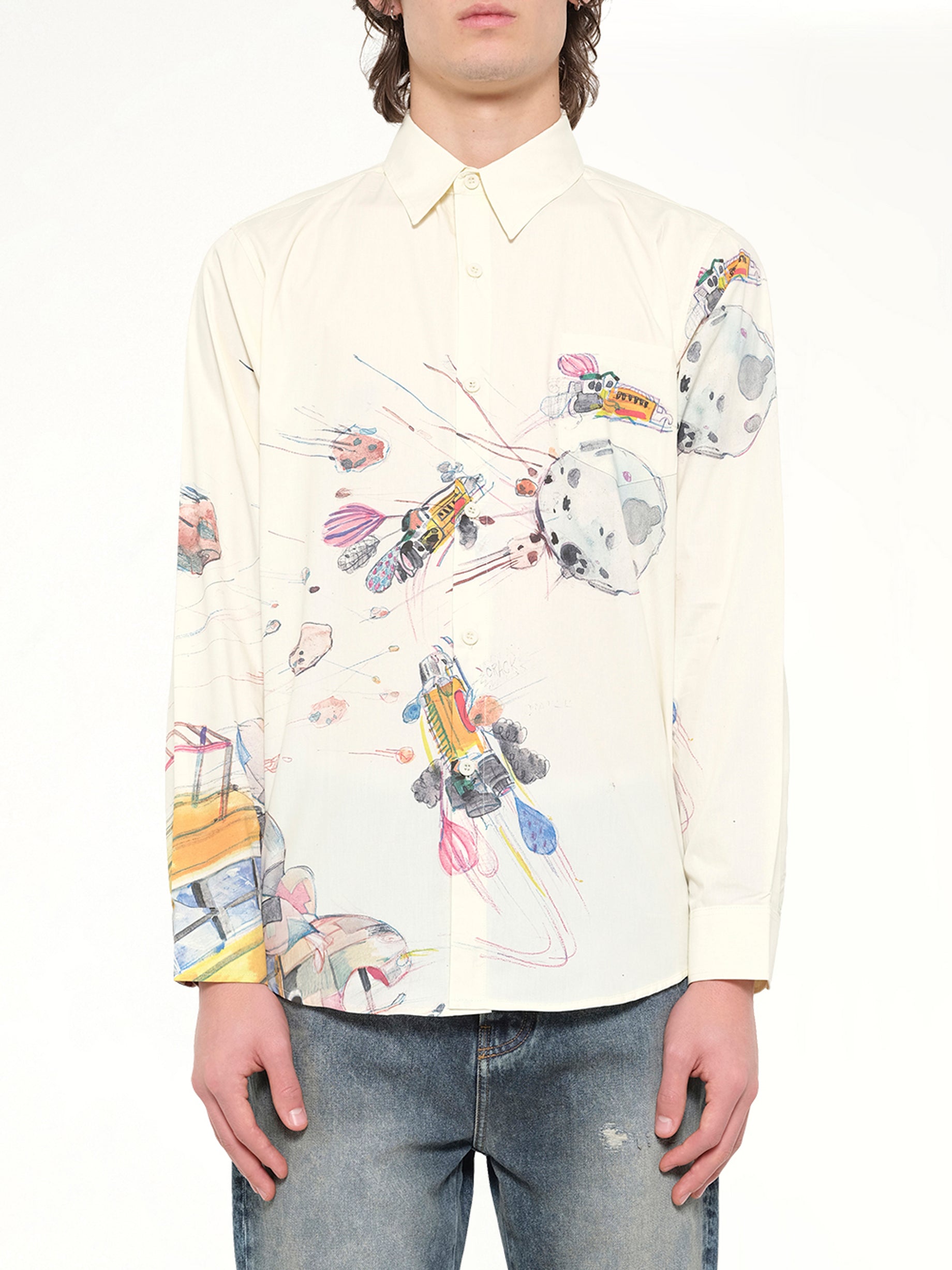 KIDSUPER Slingshot Button up Shirt in White Front View from MARAIS
