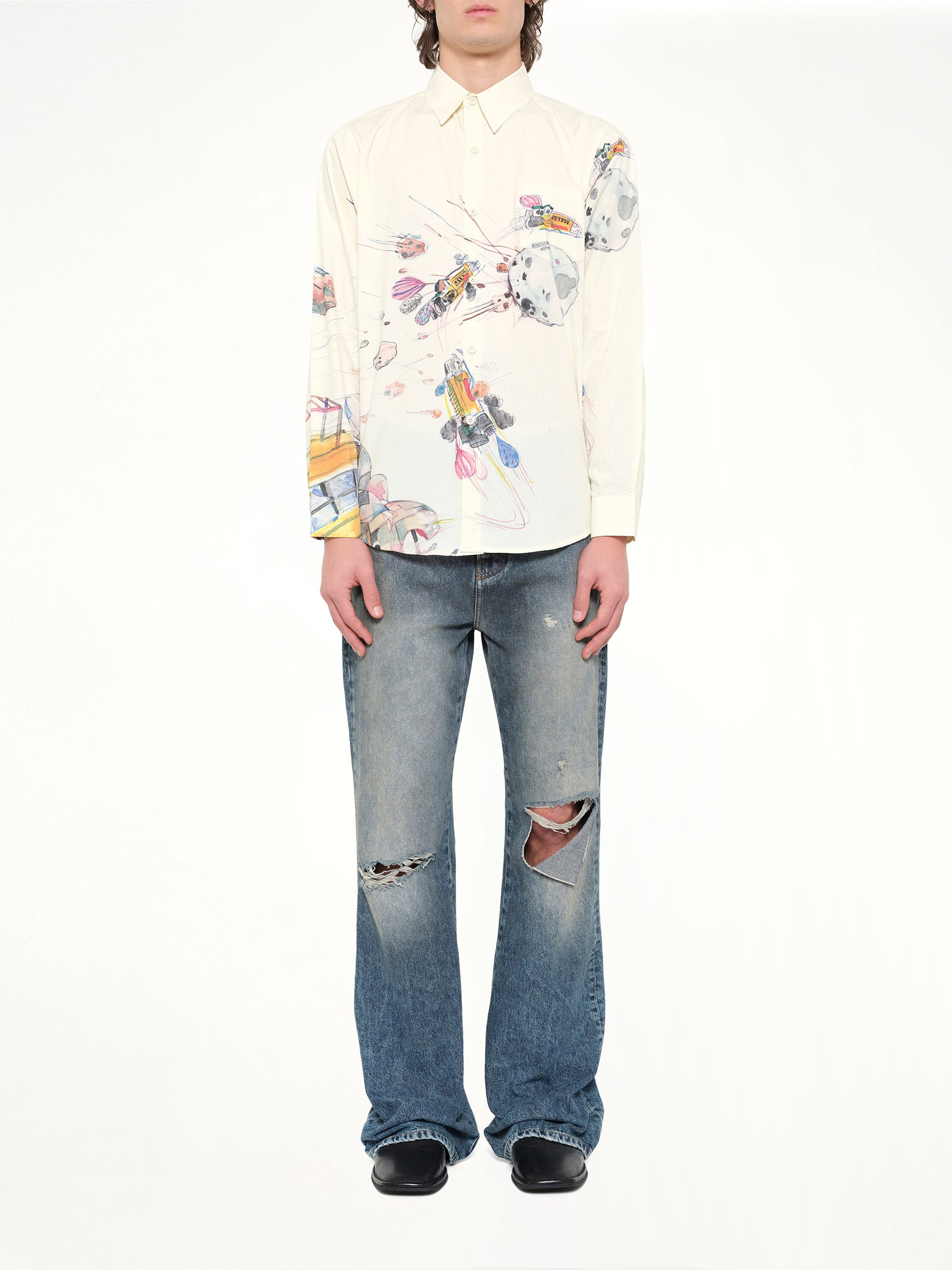 KIDSUPER Slingshot Button up Shirt in White Model View from MARAIS