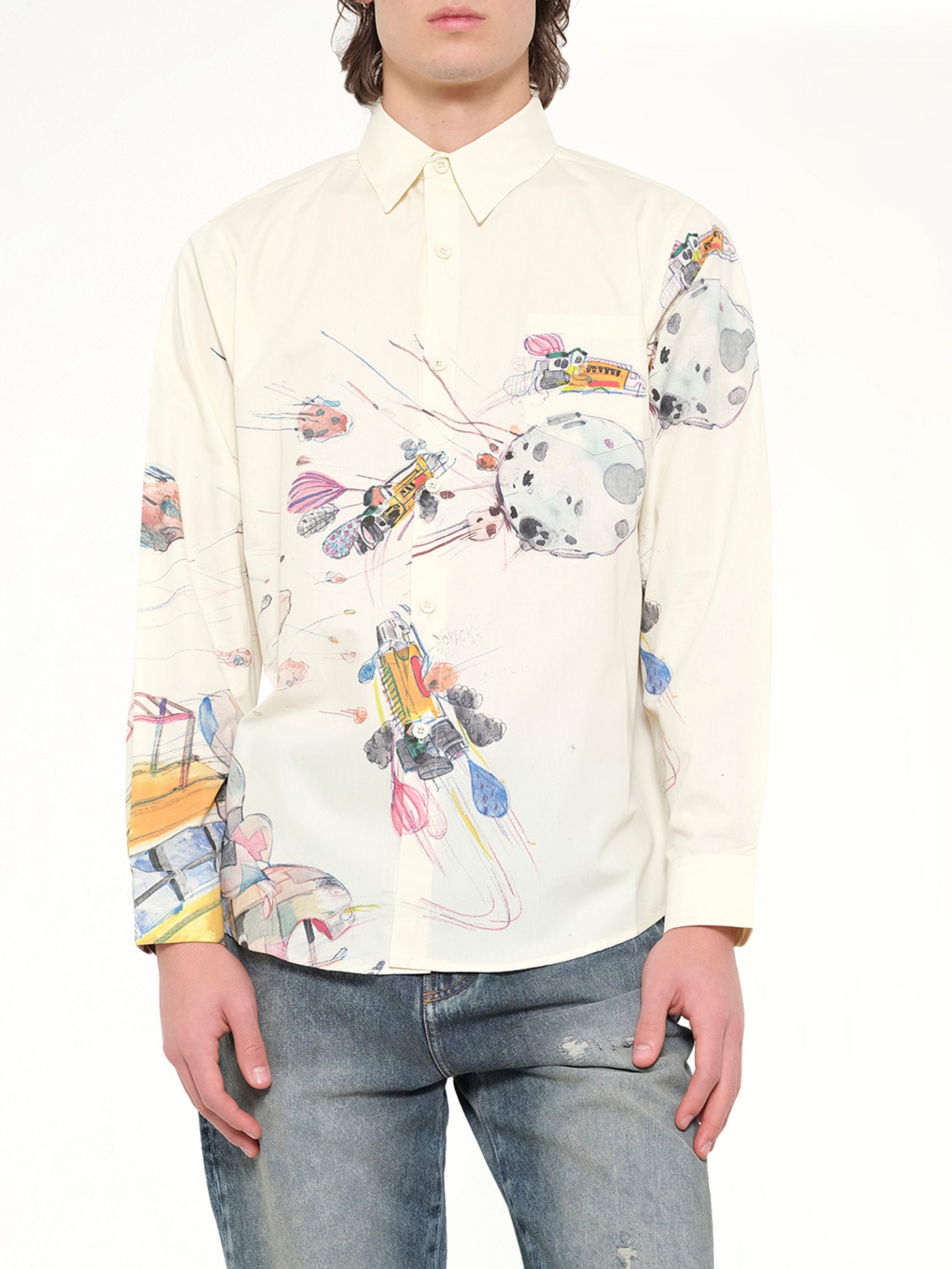KIDSUPER Slingshot Button up Shirt in White Detail Shot from MARAIS