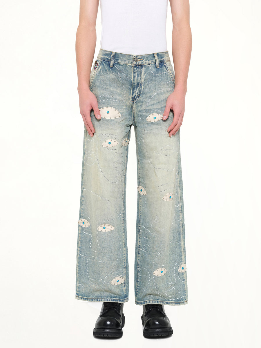 Studded Face Jeans in Blue
