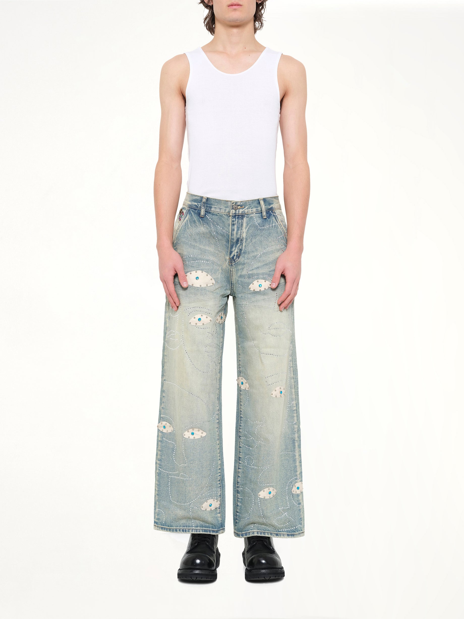 KIDSUPER Studded Face Jeans in Blue Model View from MARAIS