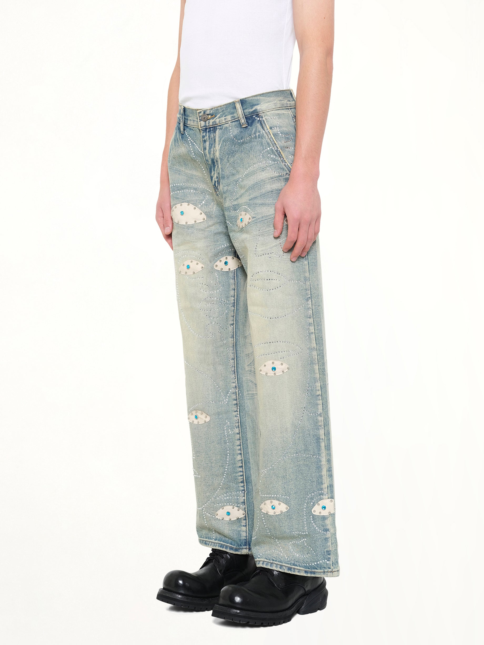 KIDSUPER Studded Face Jeans in Blue Side View from MARAIS