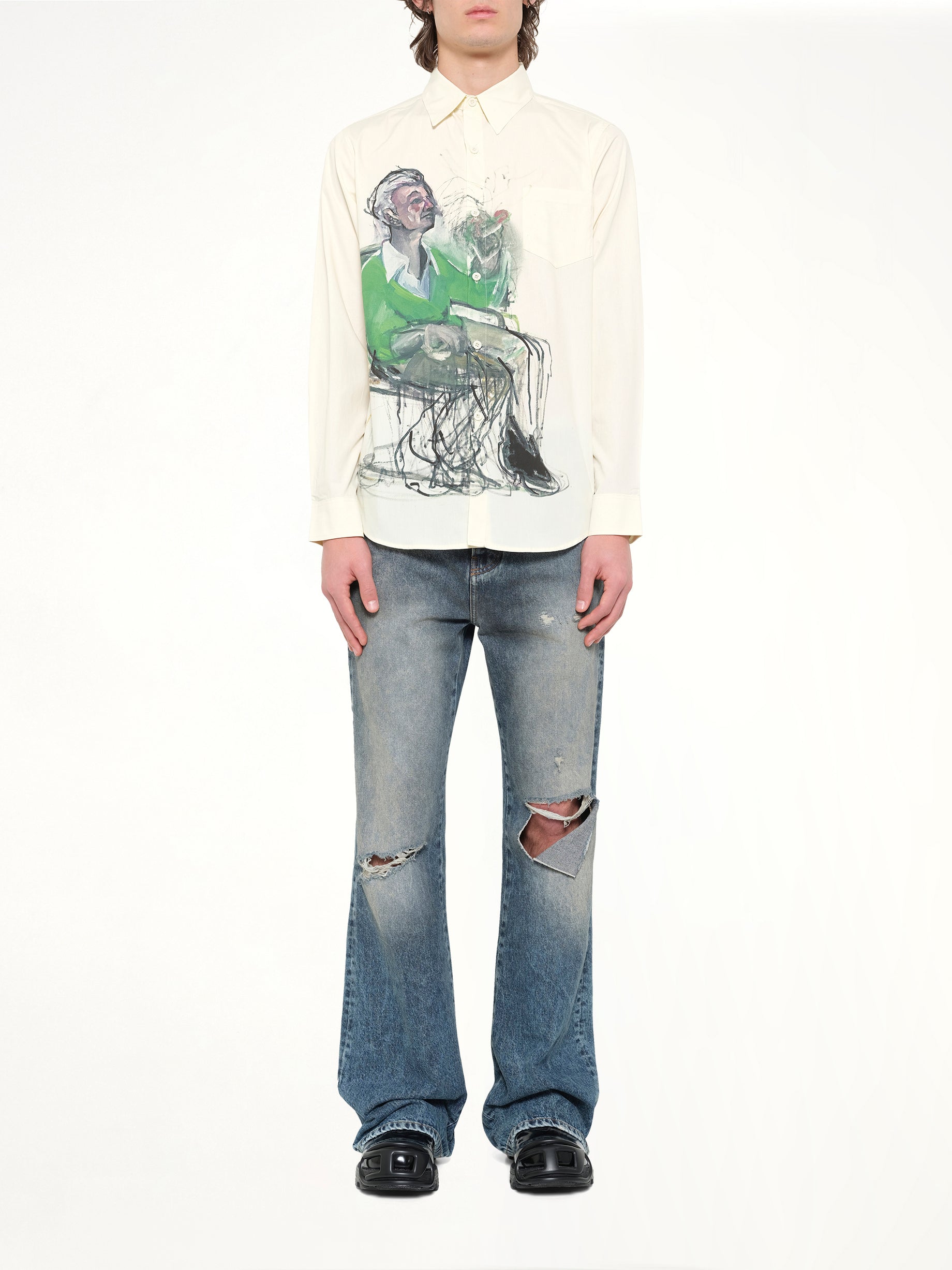 KIDSUPER Technicolor Dreams Button up Shirt in White Model View from MARAIS