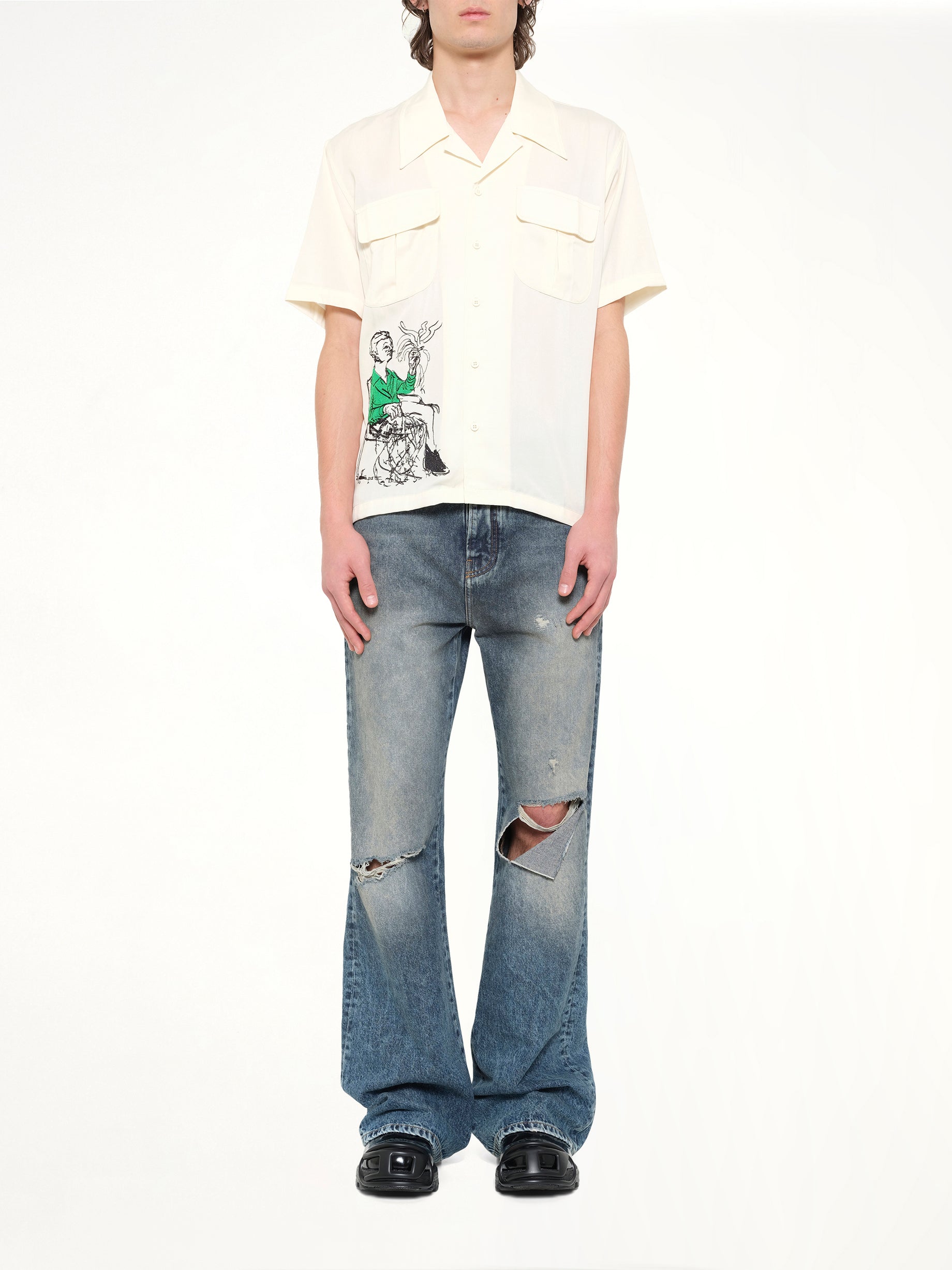 KIDSUPER Tecnacolor Dreams Lycra Shirt in Cream Model View from MARAIS