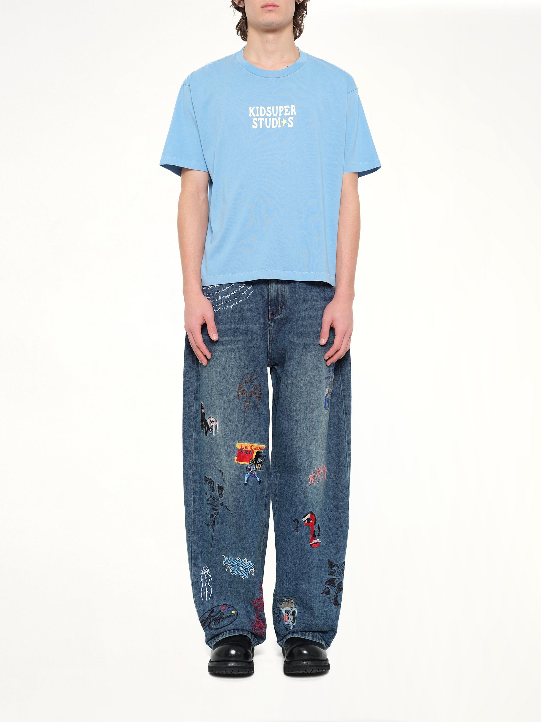 KIDSUPER The Boy who Jumped the Moon T-Shirt in Light Blue Model View from MARAIS
