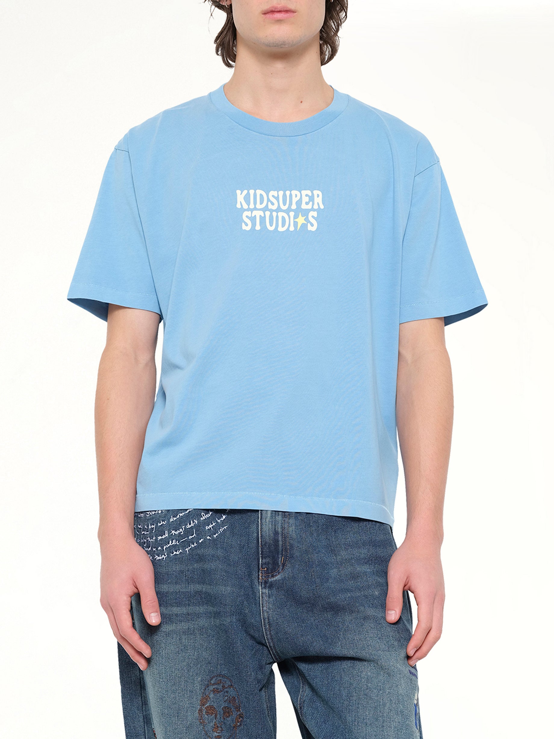 KIDSUPER The Boy who Jumped the Moon T-Shirt in Light Blue Detail Shot from MARAIS