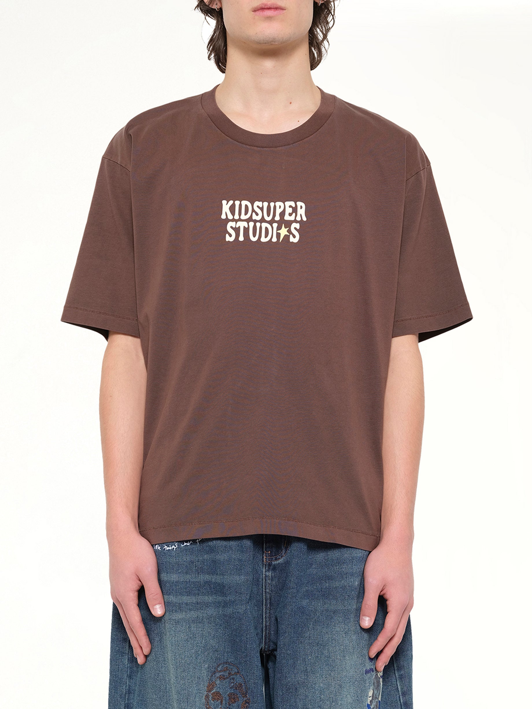KIDSUPER The Boy who Jumped the Moon T-Shirt in Mocha Front View from MARAIS