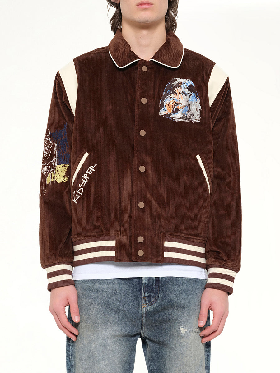 Washed Corduroy Embroidered Faces Jacket in Brown