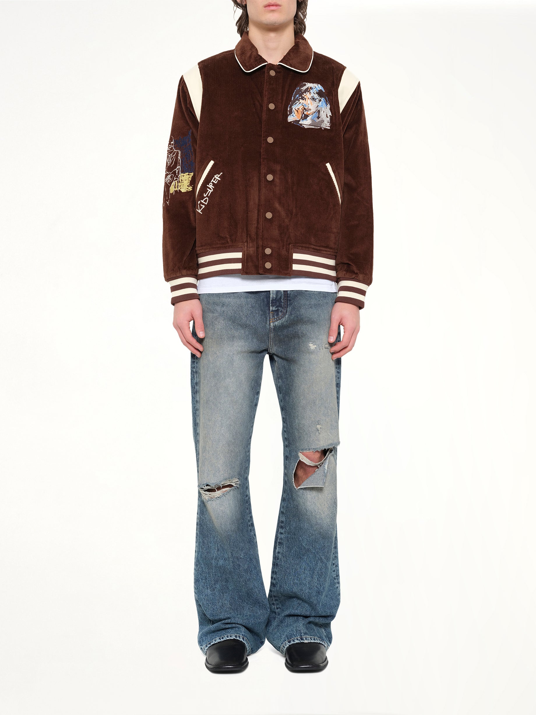 KIDSUPER , Washed Corduroy Embroidered Faces Jacket in Brown Model View from MARAIS