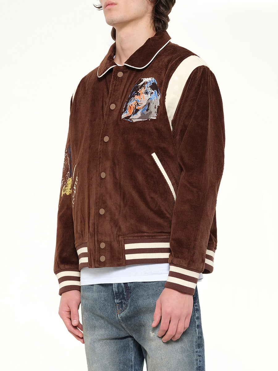 Washed Corduroy Embroidered Faces Jacket in Brown
