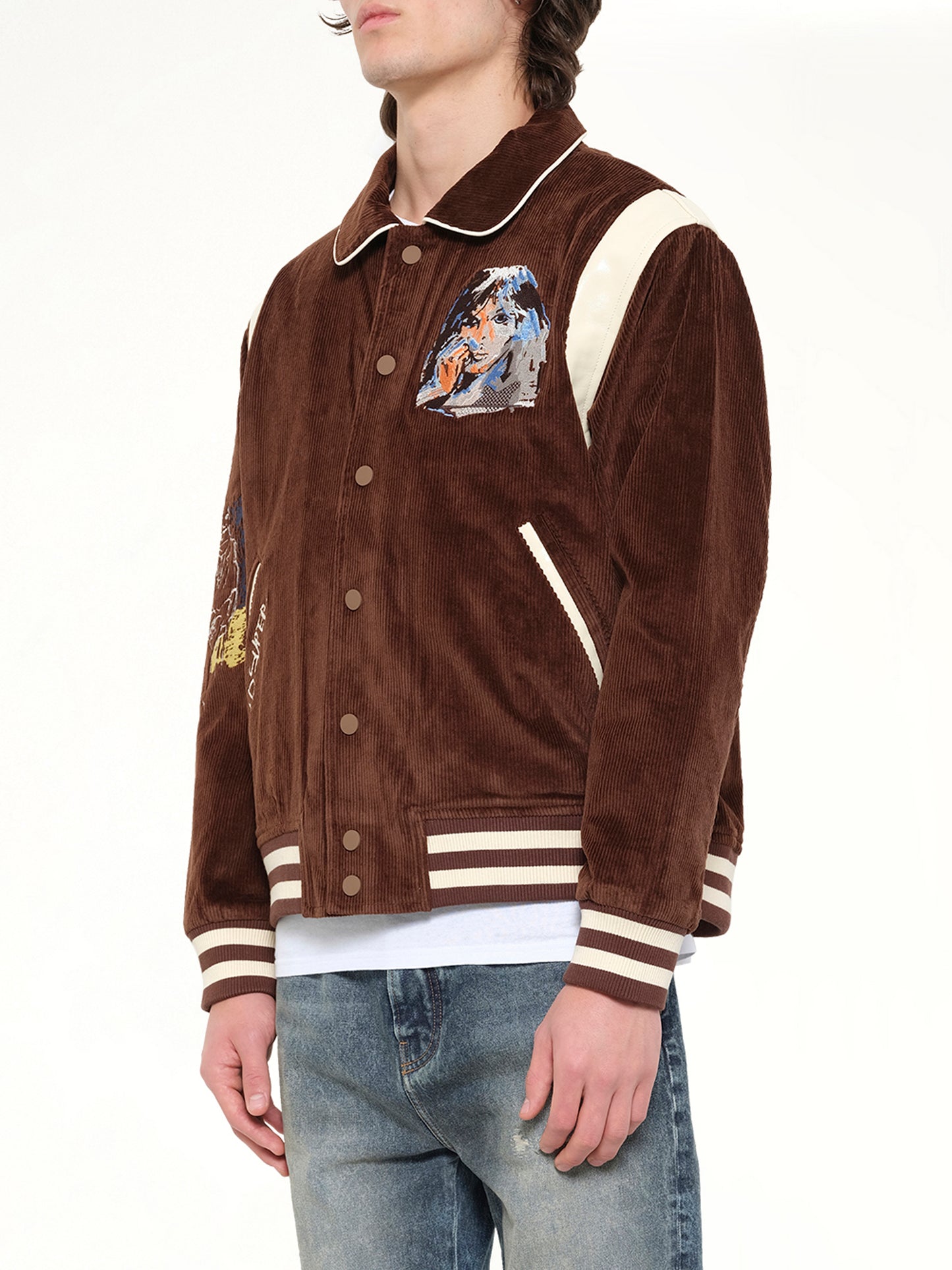 Washed Corduroy Embroidered Faces Jacket in Brown