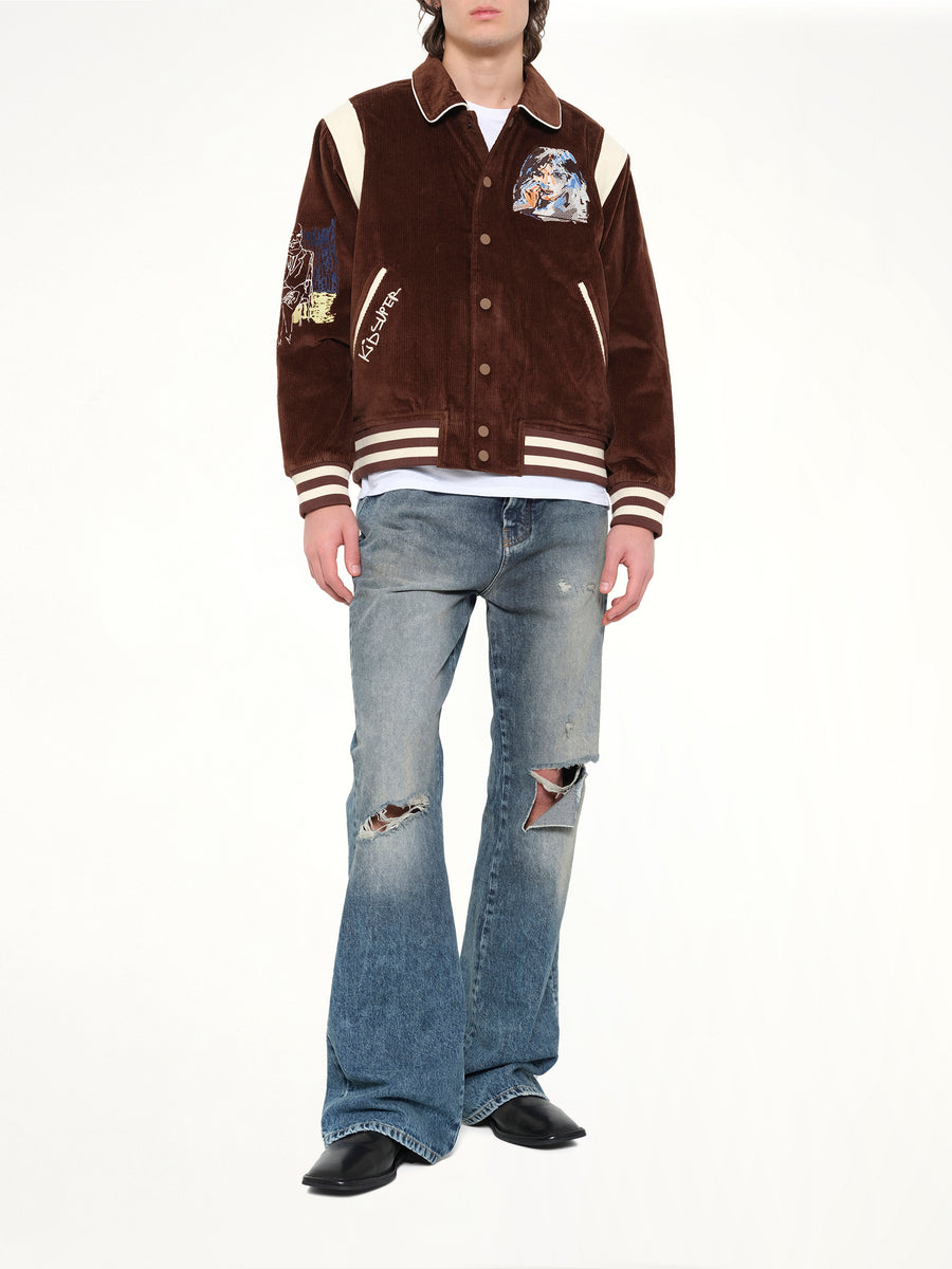 Washed Corduroy Embroidered Faces Jacket in Brown