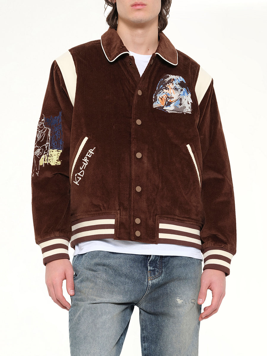Washed Corduroy Embroidered Faces Jacket in Brown