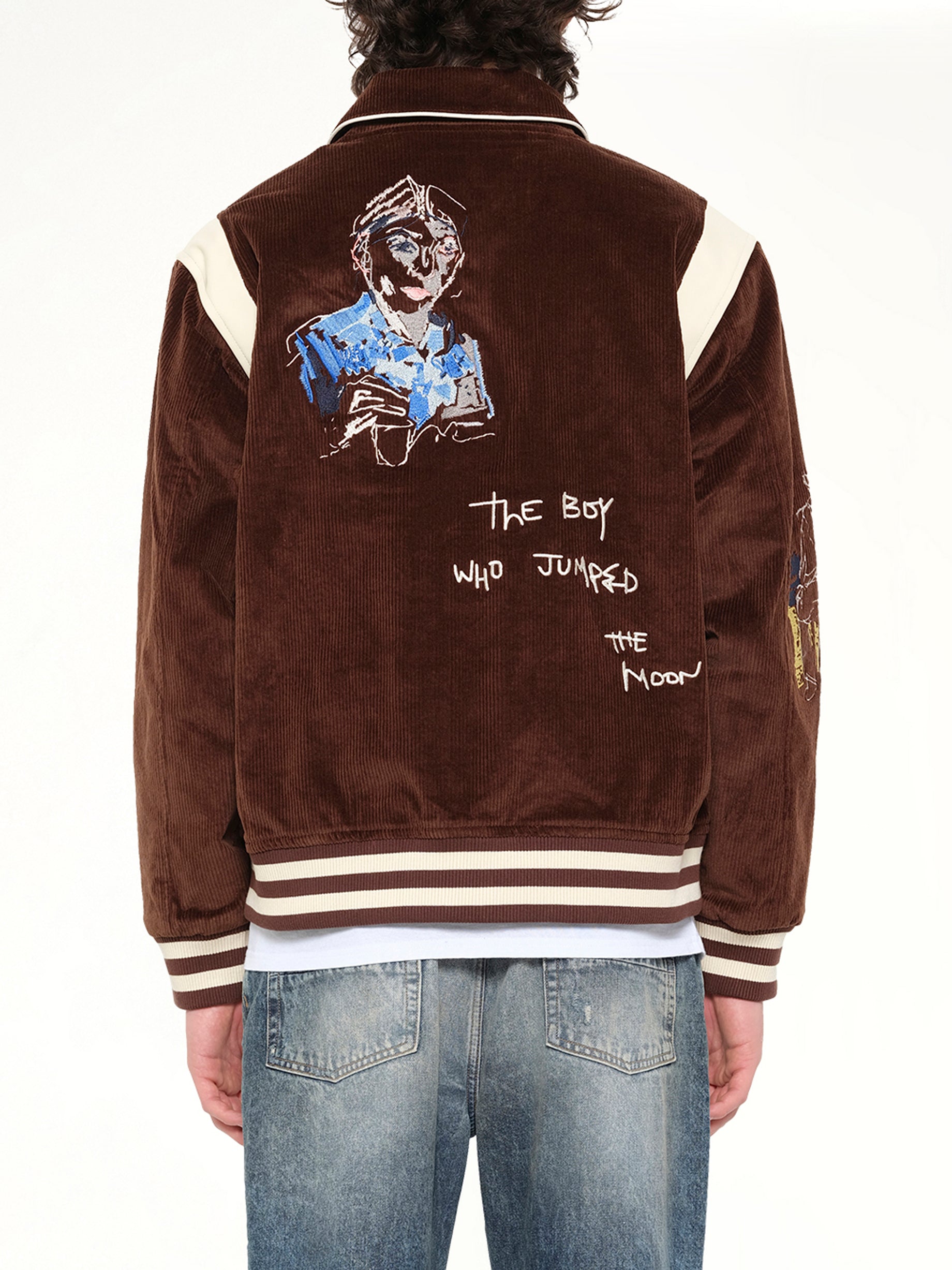 KIDSUPER , Washed Corduroy Embroidered Faces Jacket in Brown Back View from MARAIS