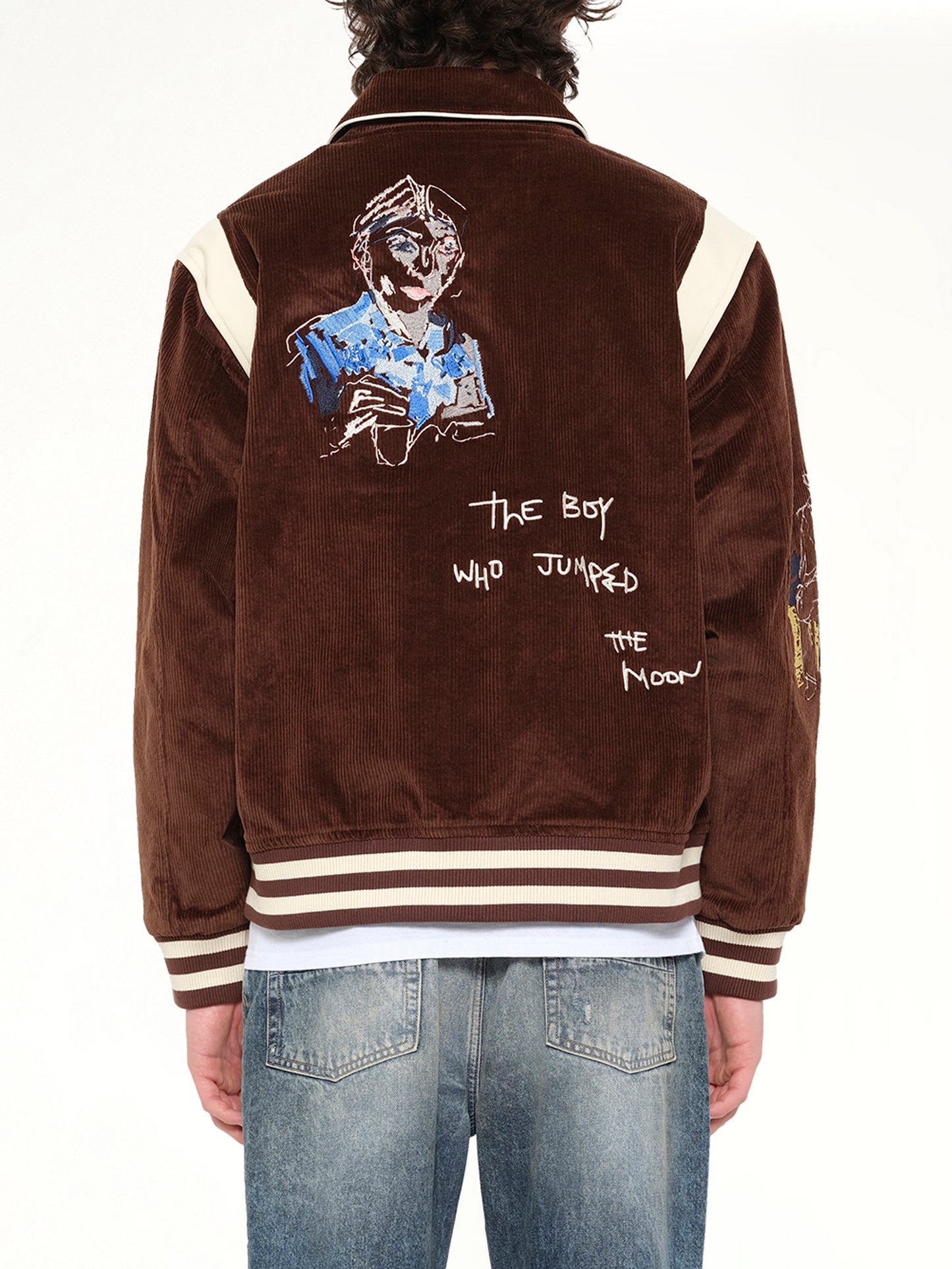 Washed Corduroy Embroidered Faces Jacket in Brown