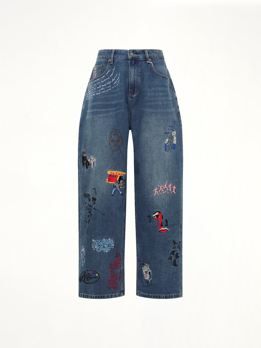 Embroidered Paintings Balloon Pants in Blue