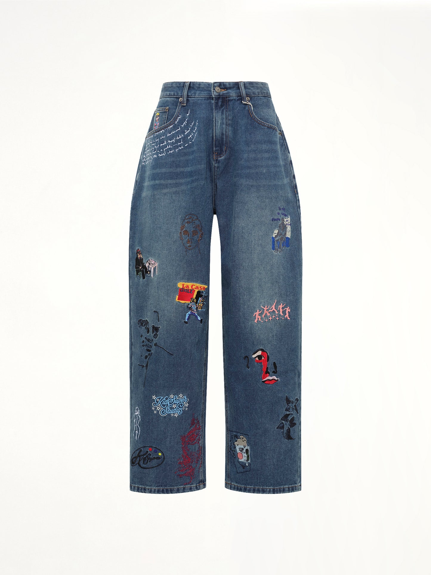 Embroidered Paintings Balloon Pants in Blue