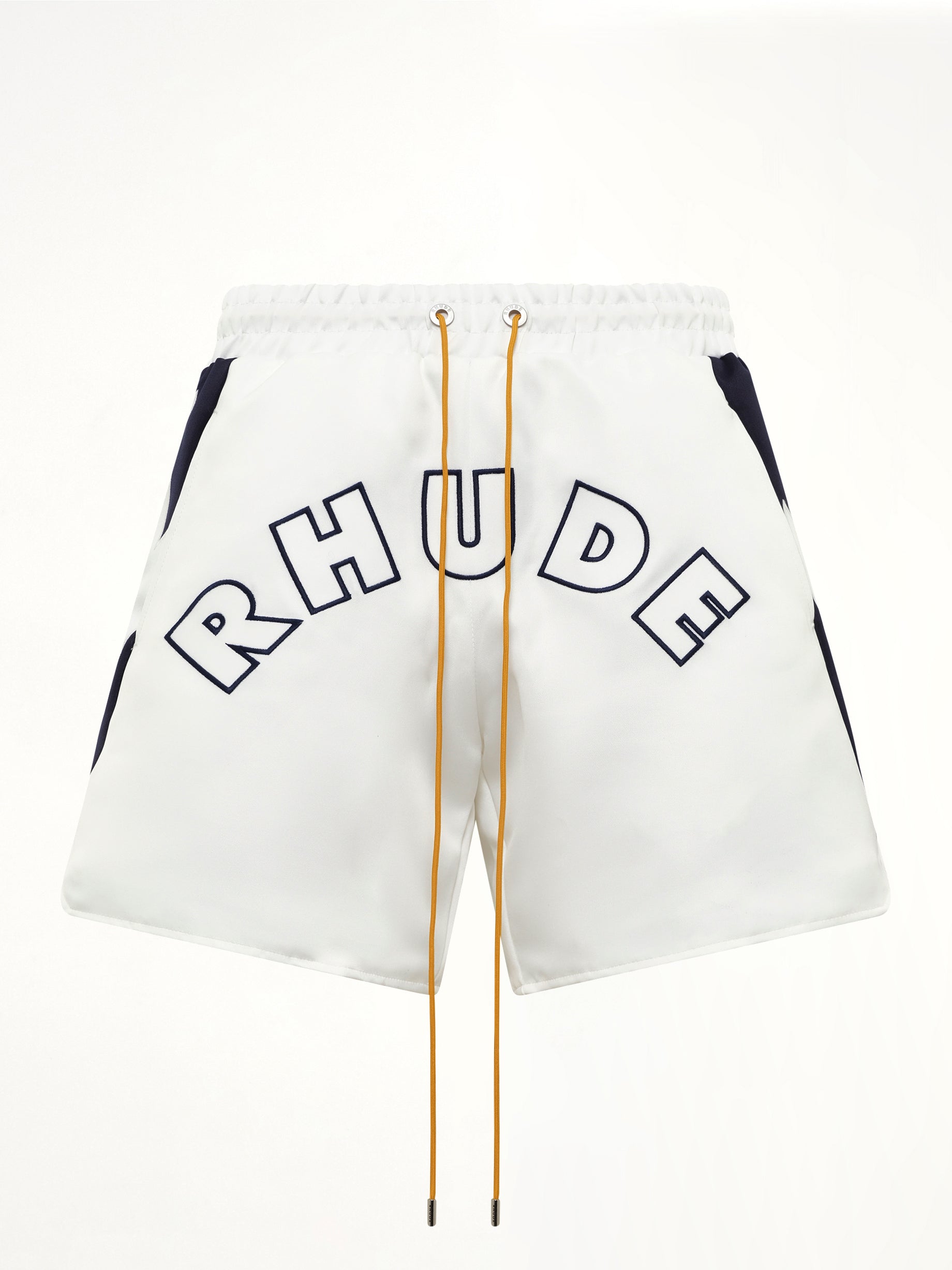 RHUDE , Logo Lightning Shorts in White/Navy Product Photo from MARAIS