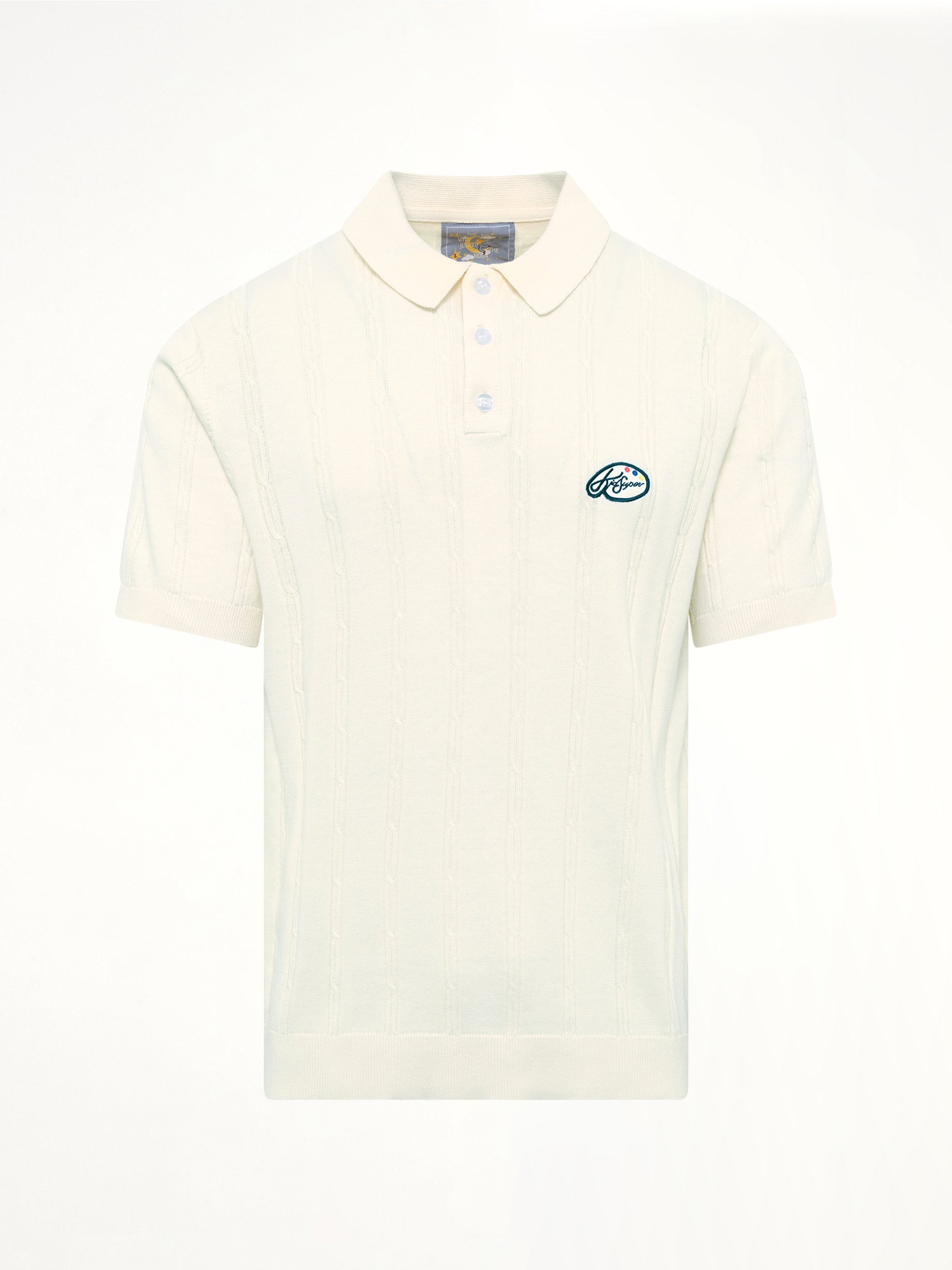 KIDSUPER Painters Logo Knit Polo in Cream Product Photo from MARAIS