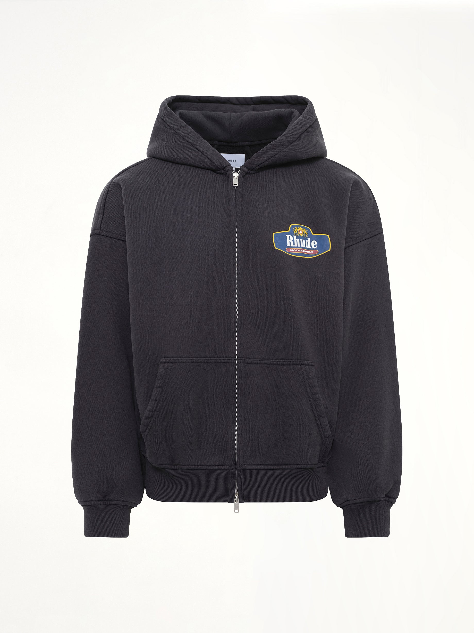 RHUDE Racing Crest Zip-Up Hoodie in Vintage Black Product Photo from MARAIS