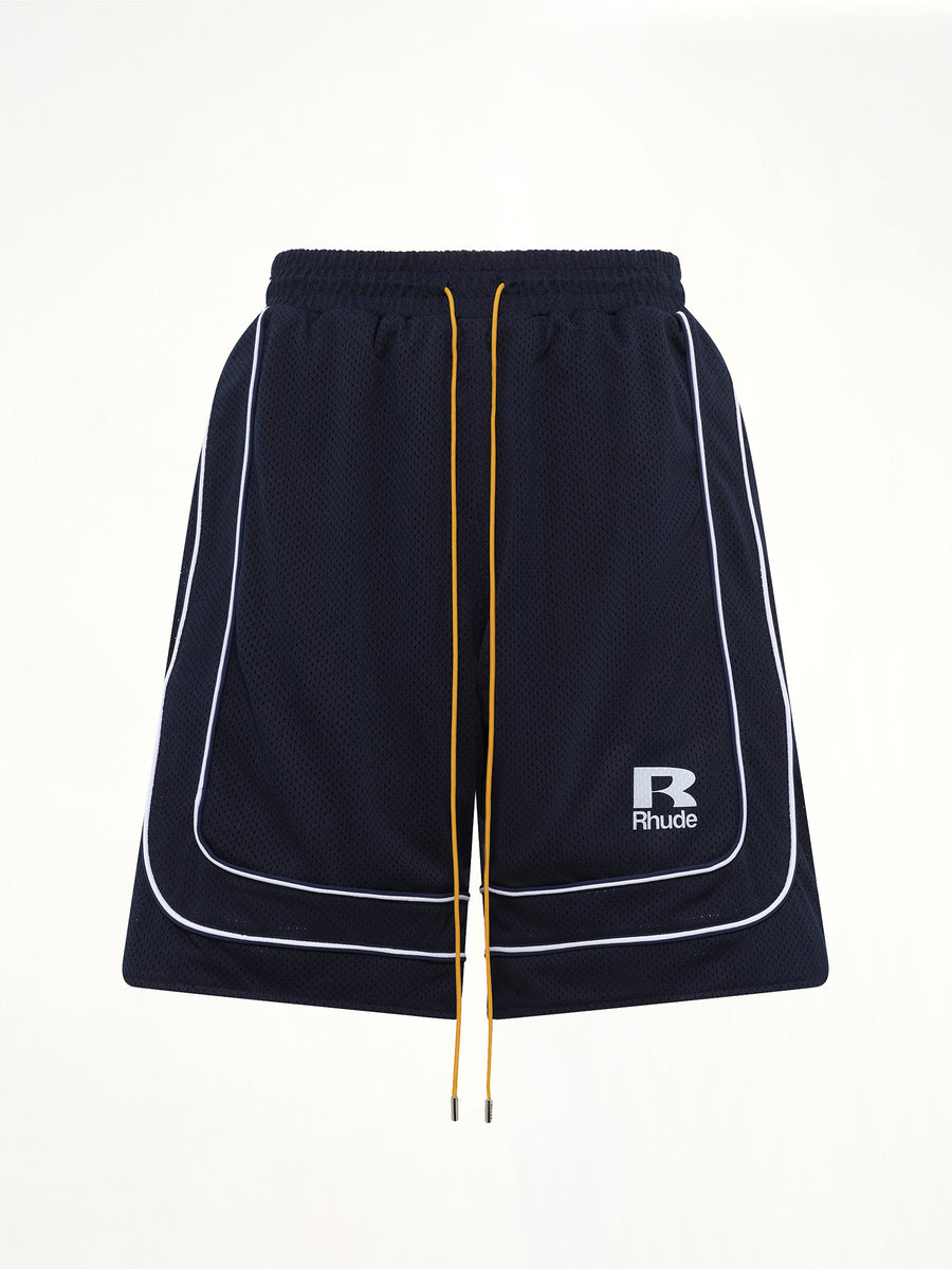 Rhude Mesh Piping Baggy Track Short in Navy/White