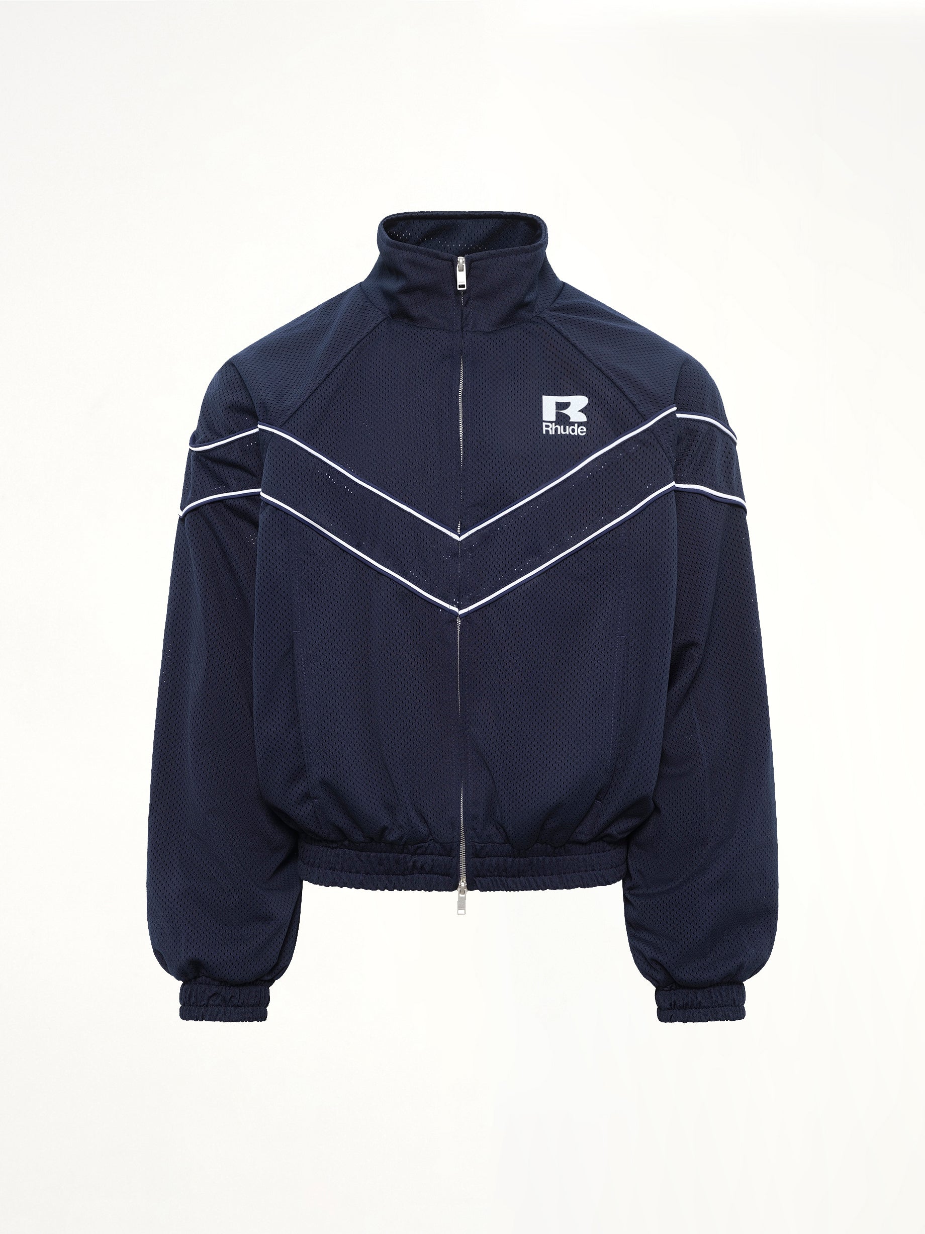 RHUDE , Rhude Mesh Piping Raglan Track Jacket in Navy/White Product Photo from MARAIS
