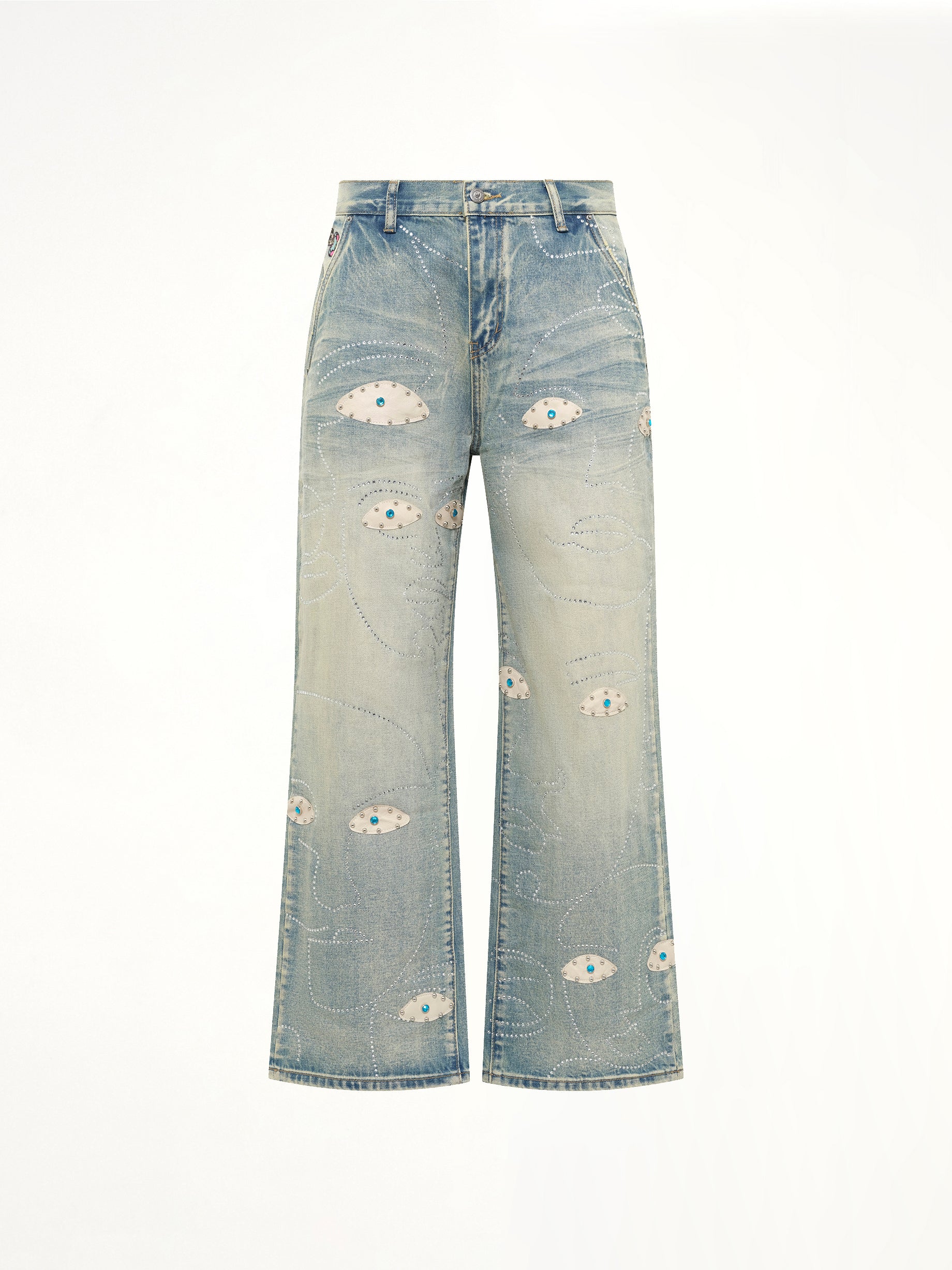 KIDSUPER Studded Face Jeans in Blue Product Photo from MARAIS