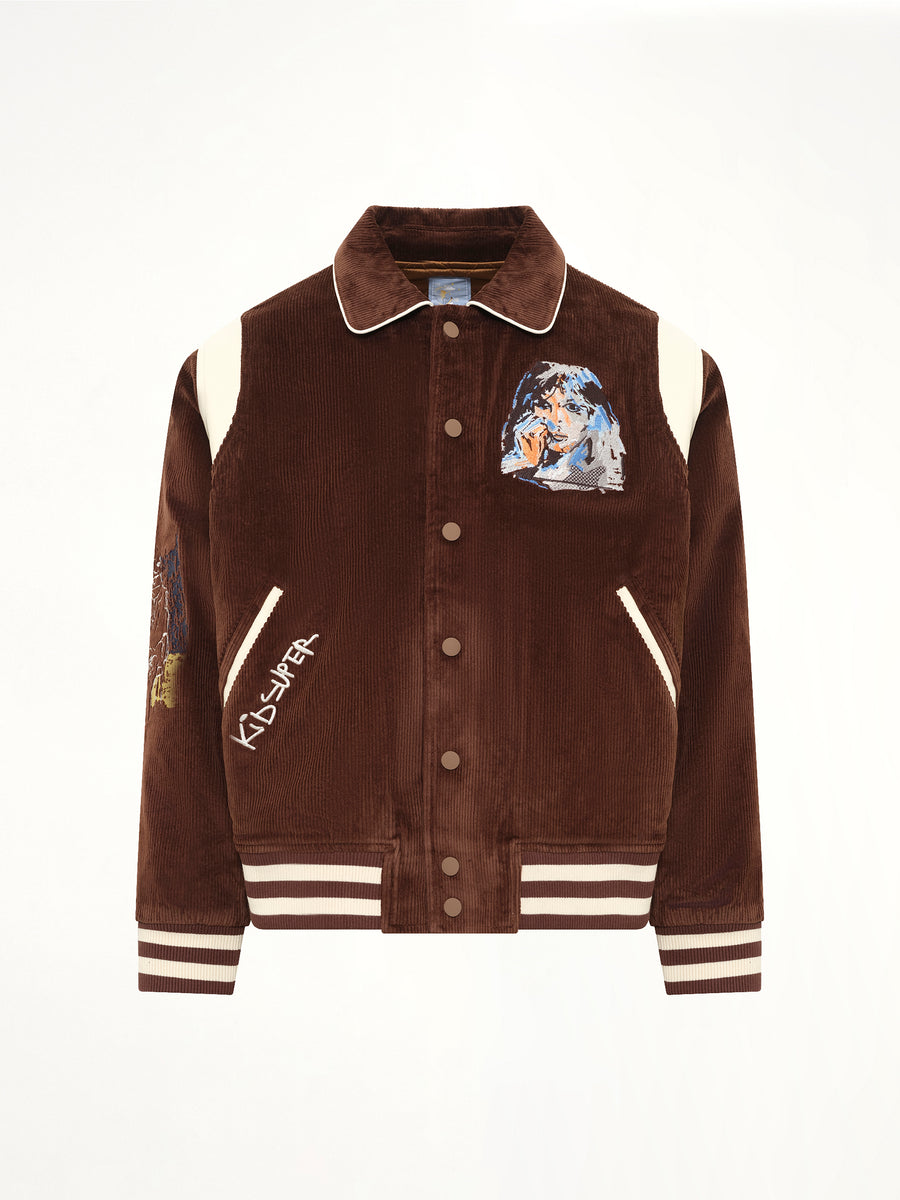 Washed Corduroy Embroidered Faces Jacket in Brown