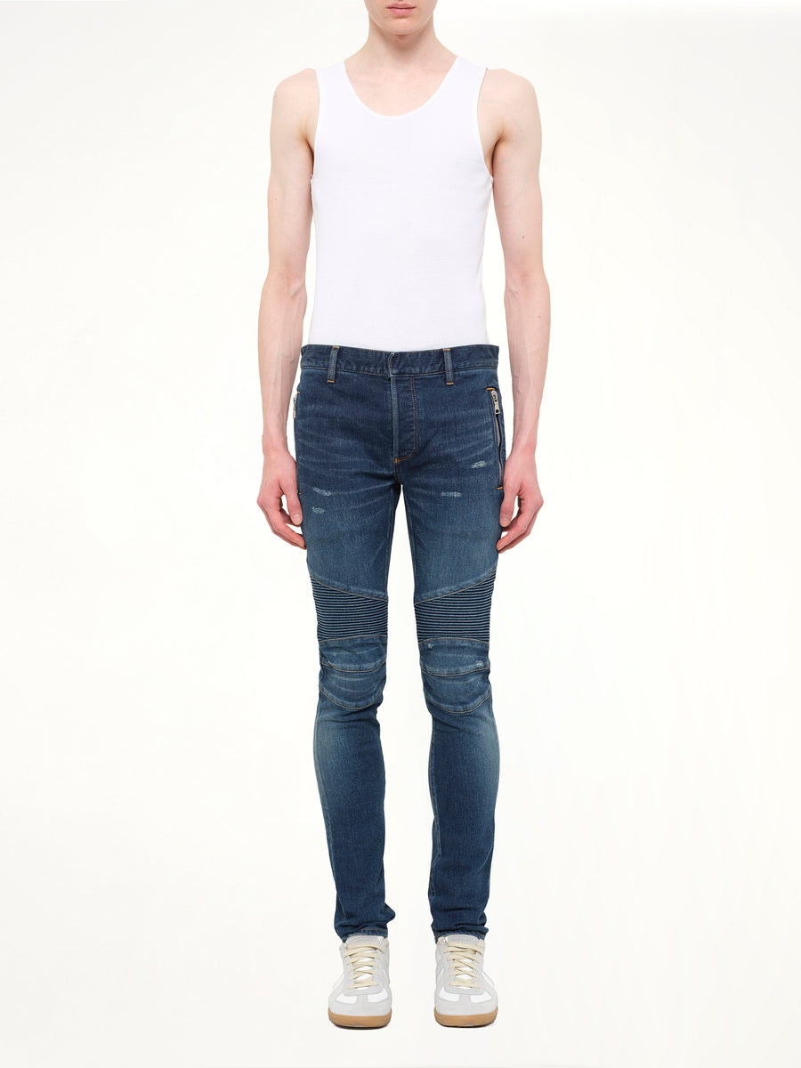 Distressed Camo Jeans in Blue
