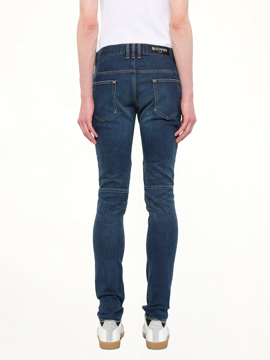 Distressed Camo Jeans in Blue