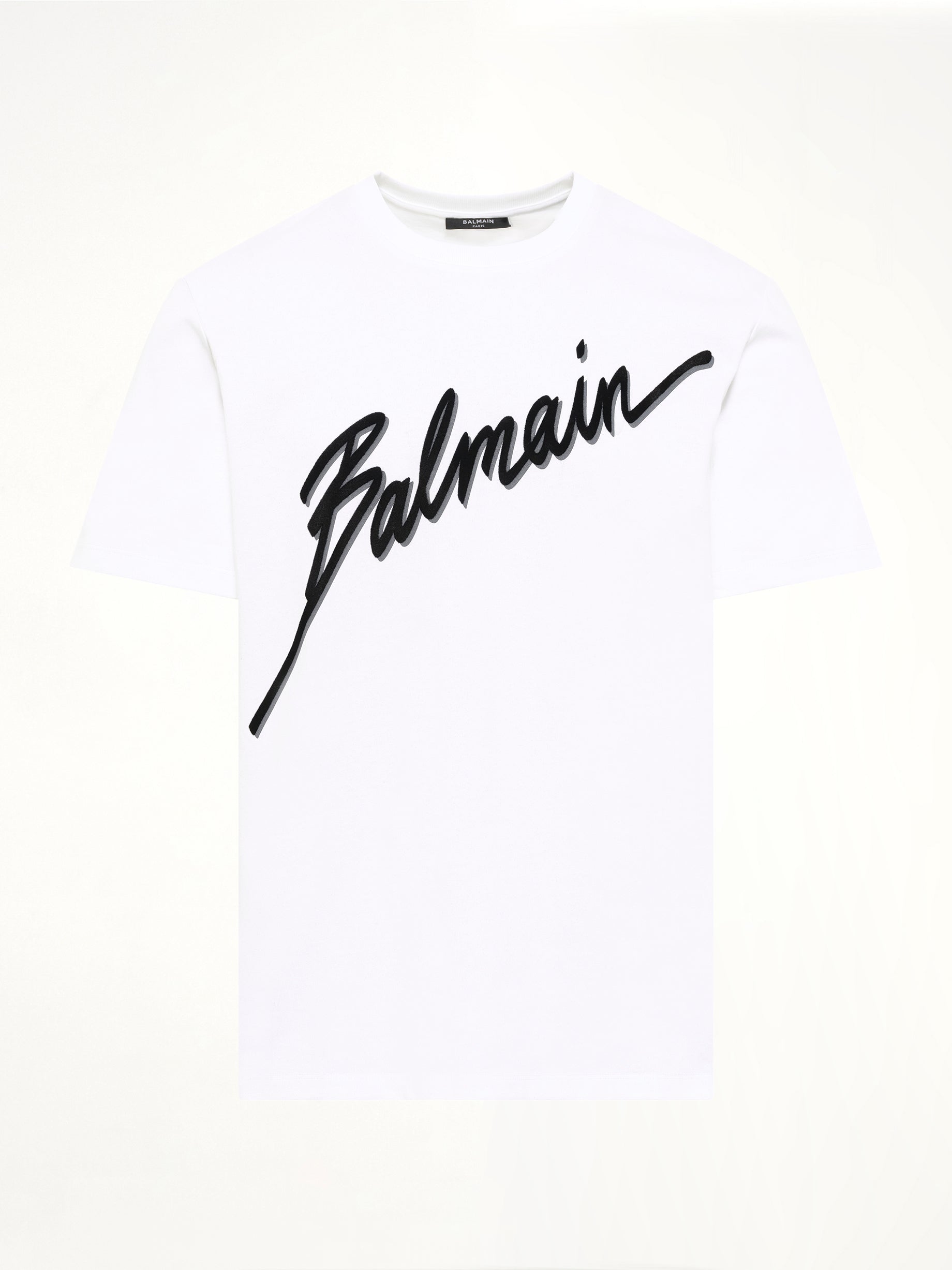 화이트 Balmain 레터 플록 티셔츠 레귤러 핏