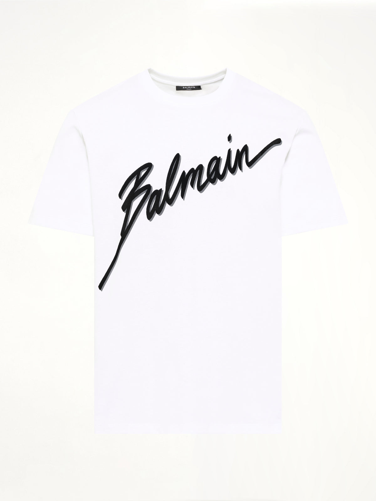 화이트 Balmain 레터 플록 티셔츠 레귤러 핏