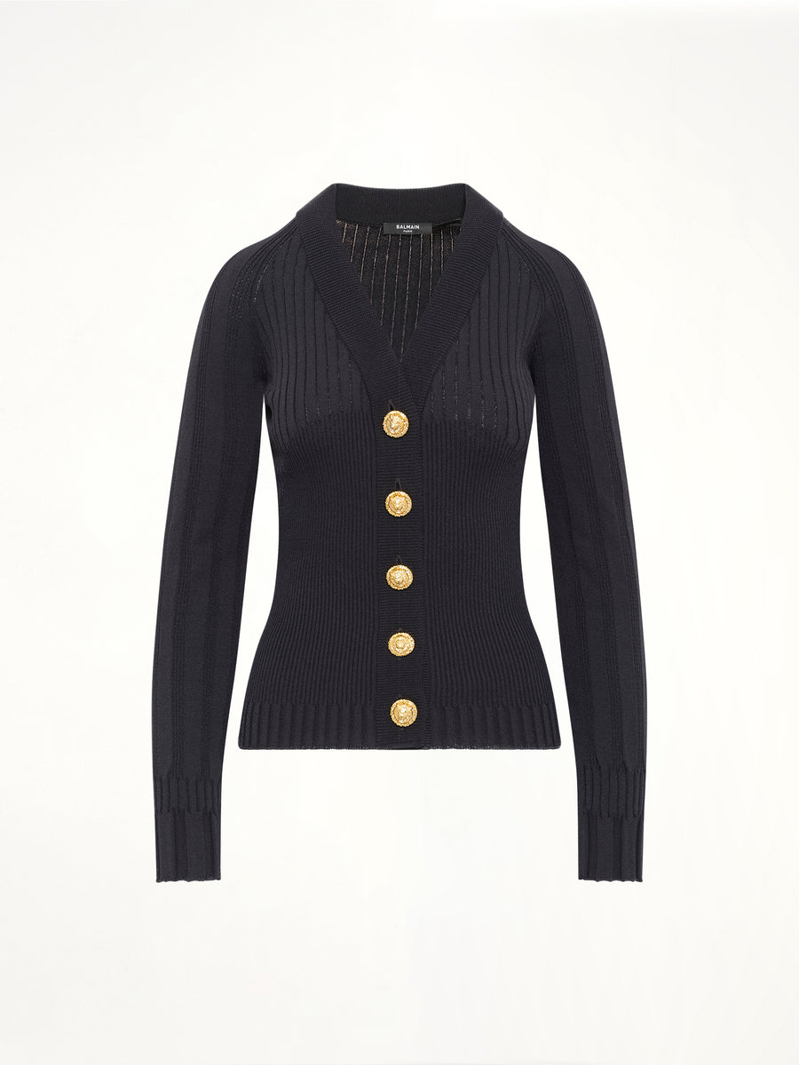 LS Buttoned V-Neck Light Knit Cardigan in Black