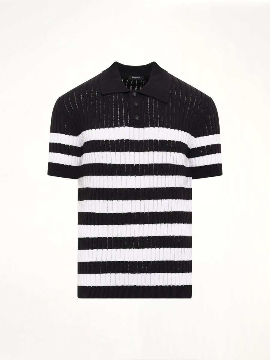 Mariniere Ribbed Cotton Knit Polo in Black/White