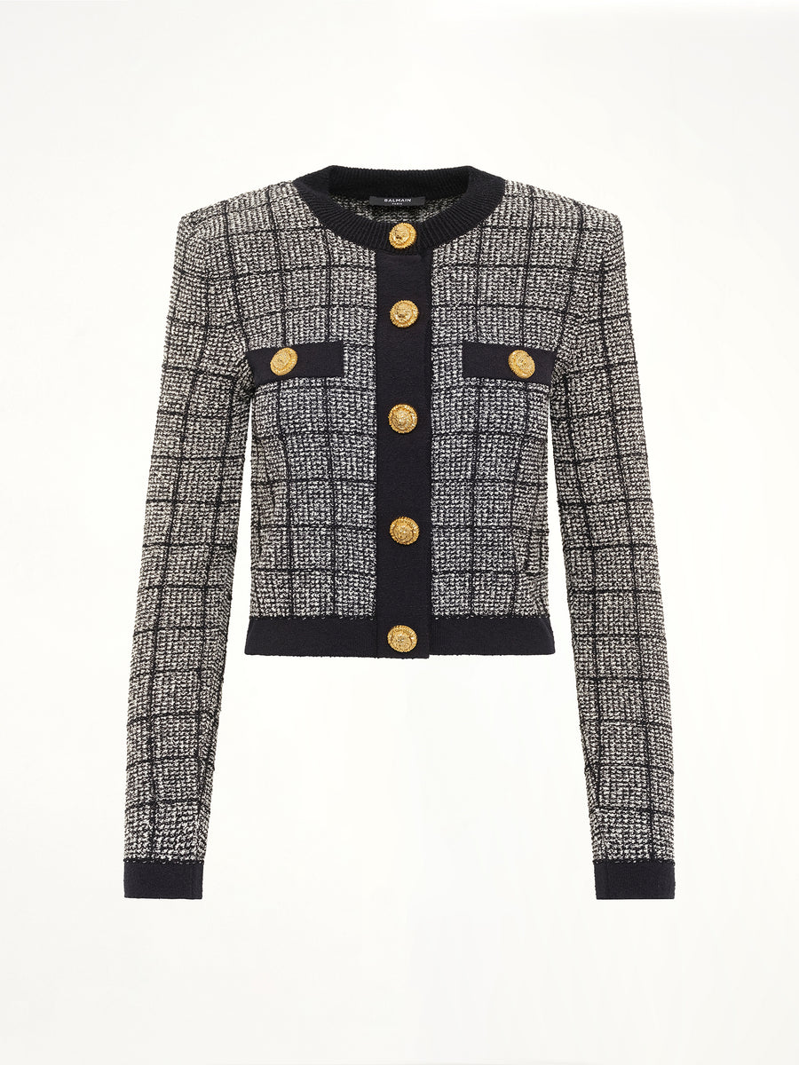 Round Collar Light Tweed Knit Cardigan in Black