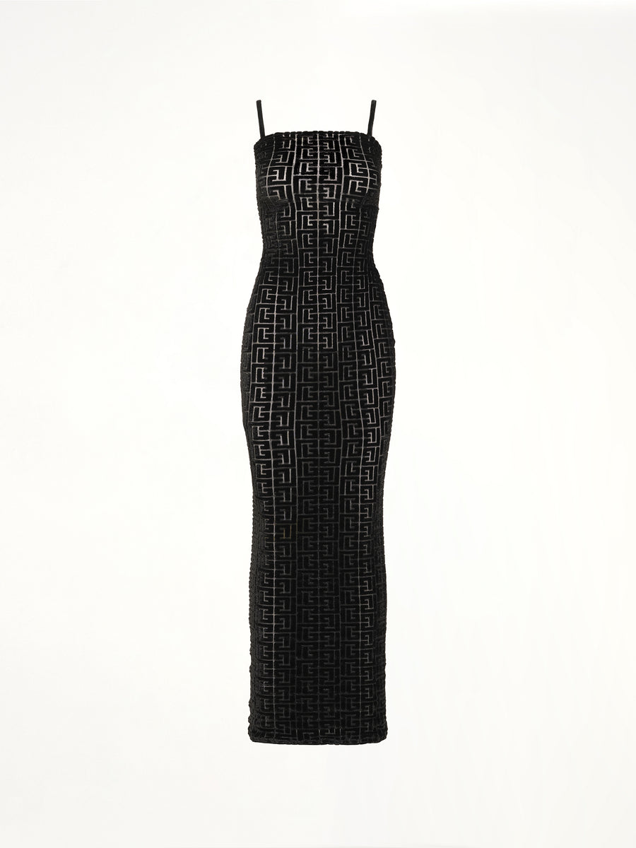 Thin Straps Velvet Monogram Long Dress in Black