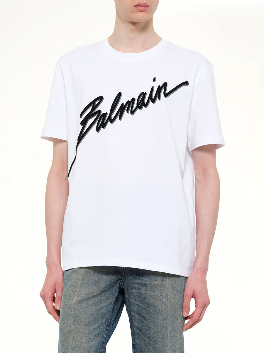 Balmain Letter Flock T-Shirt Reg Fit in White
