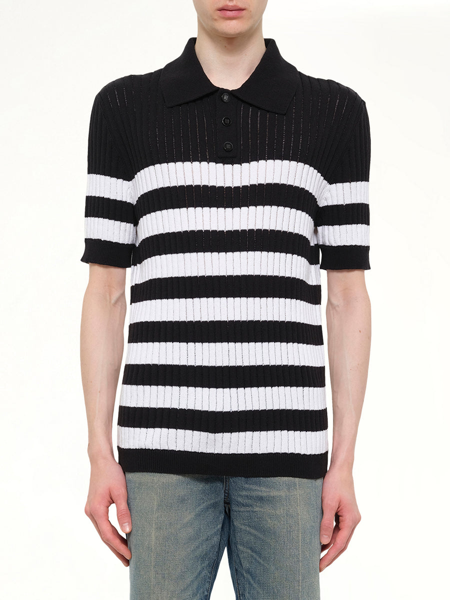Mariniere Ribbed Cotton Knit Polo in Black/White