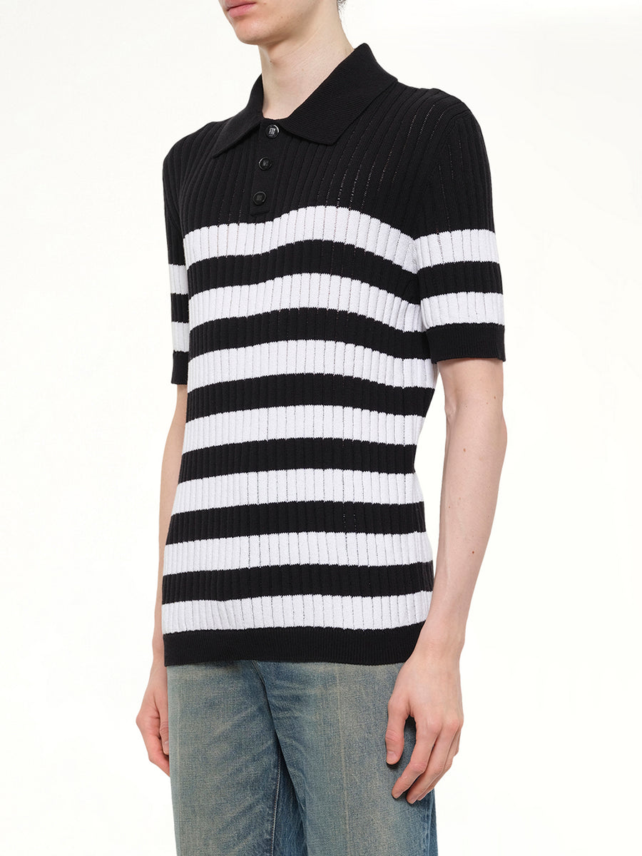 Mariniere Ribbed Cotton Knit Polo in Black/White
