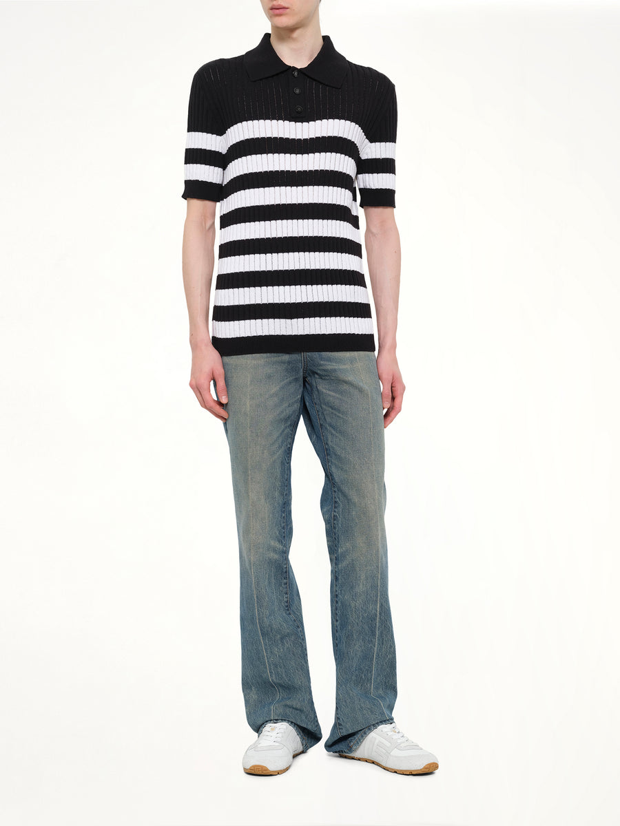 Mariniere Ribbed Cotton Knit Polo in Black/White