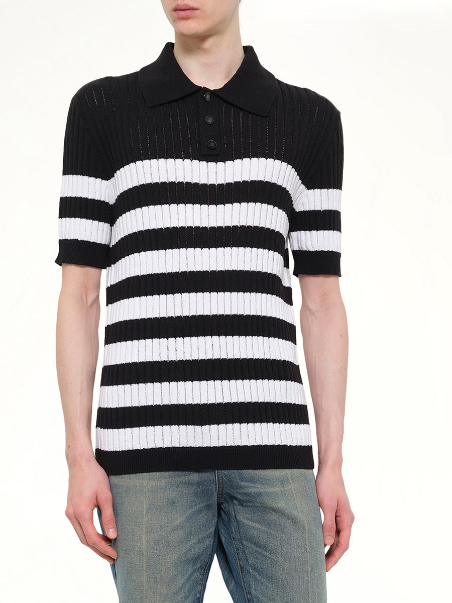 Mariniere Ribbed Cotton Knit Polo in Black/White