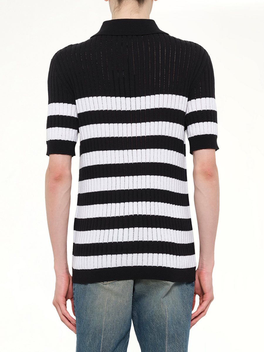 Mariniere Ribbed Cotton Knit Polo in Black/White