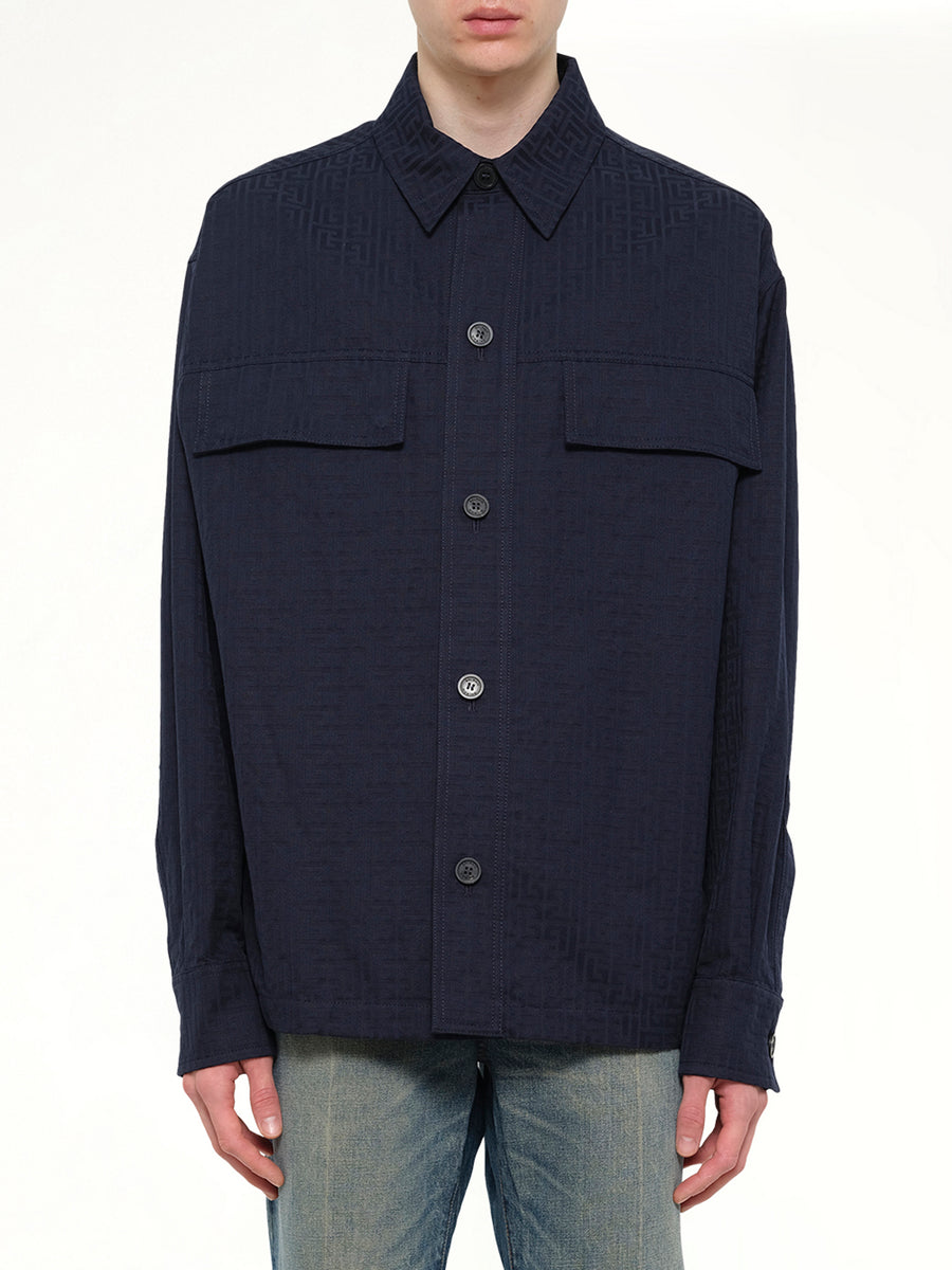 Monogram Cotton Overshirt W/Pockets in Navy