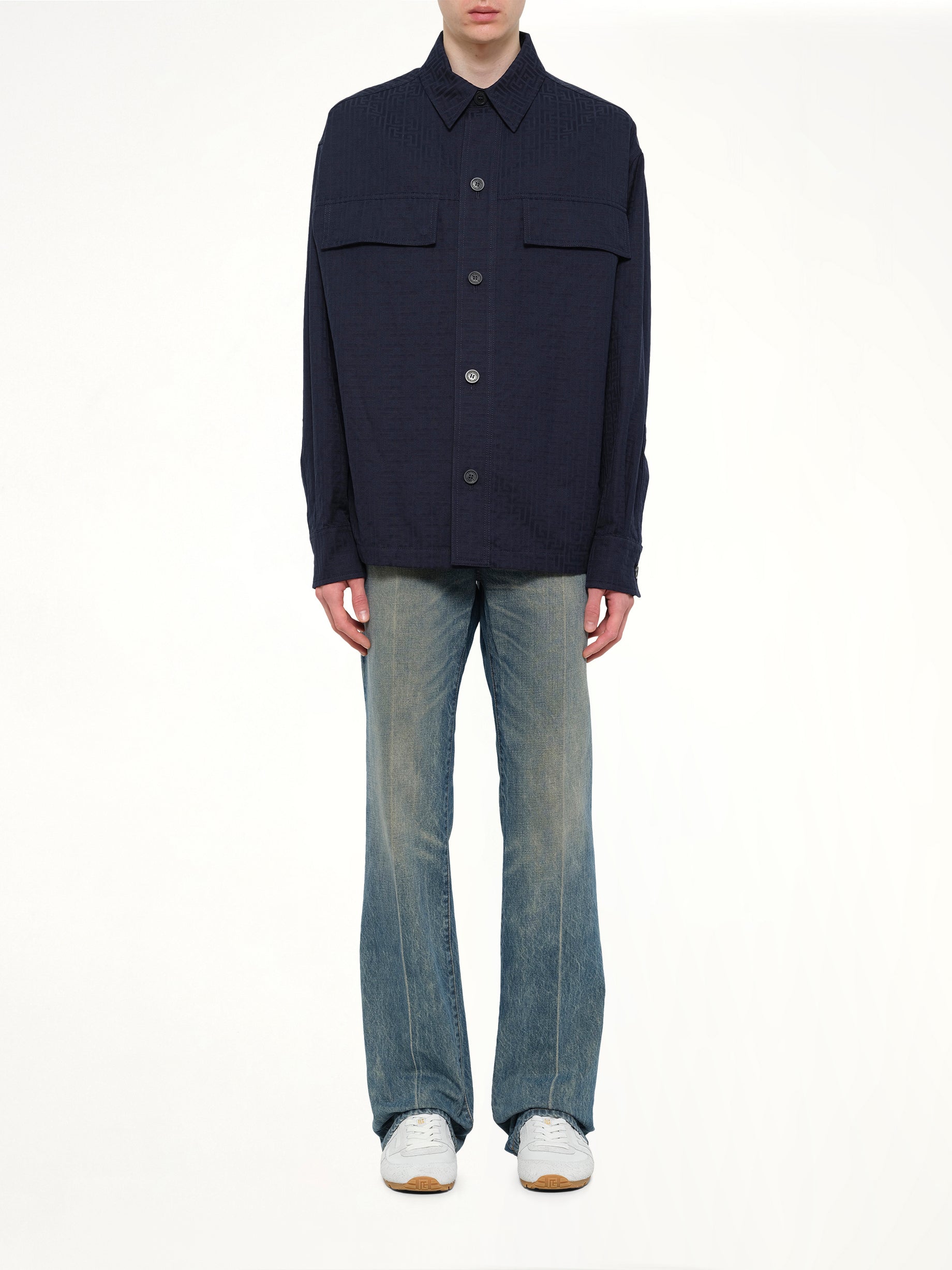 Monogram Cotton Overshirt W/Pockets in Navy