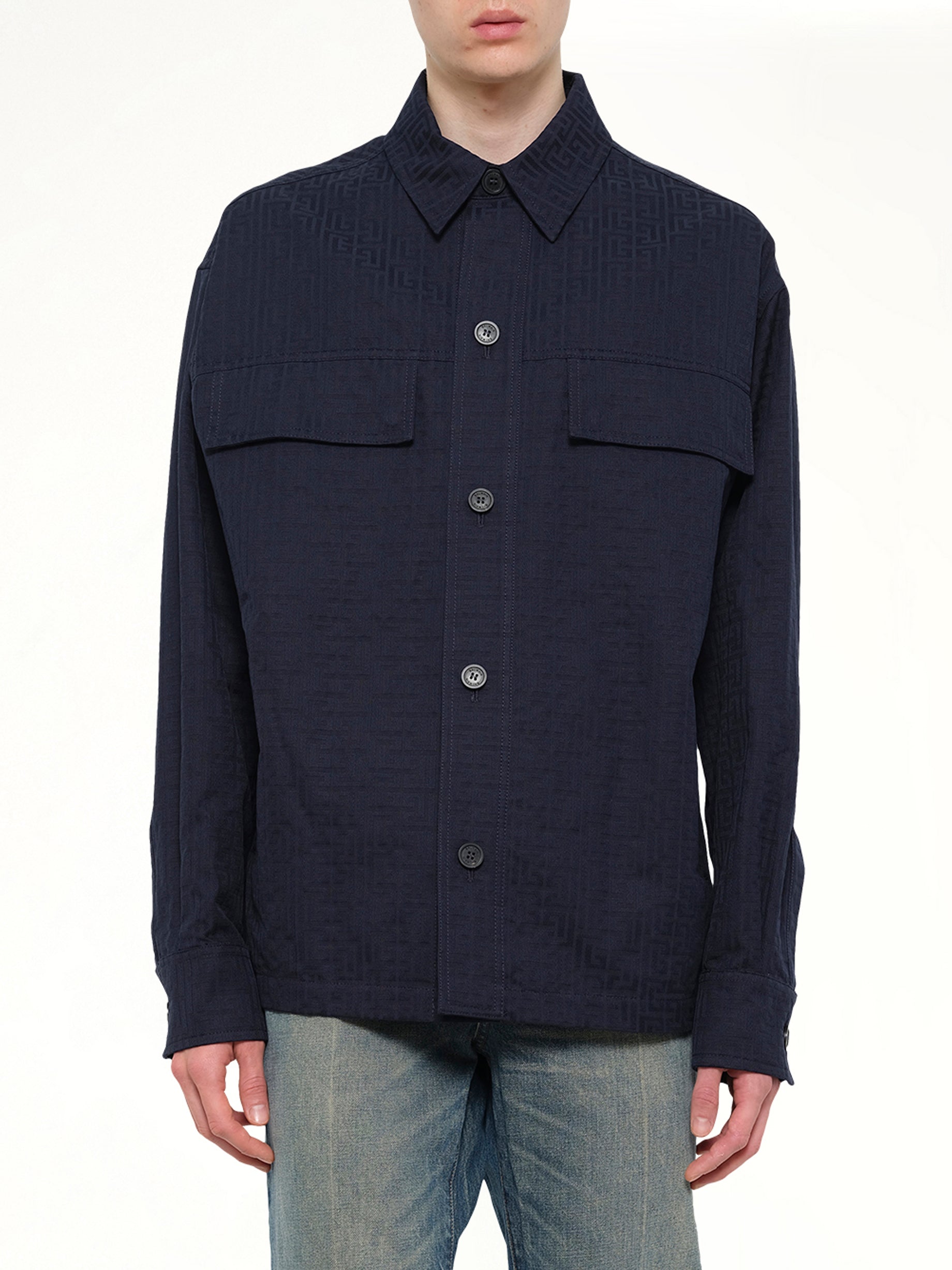 Monogram Cotton Overshirt W/Pockets in Navy