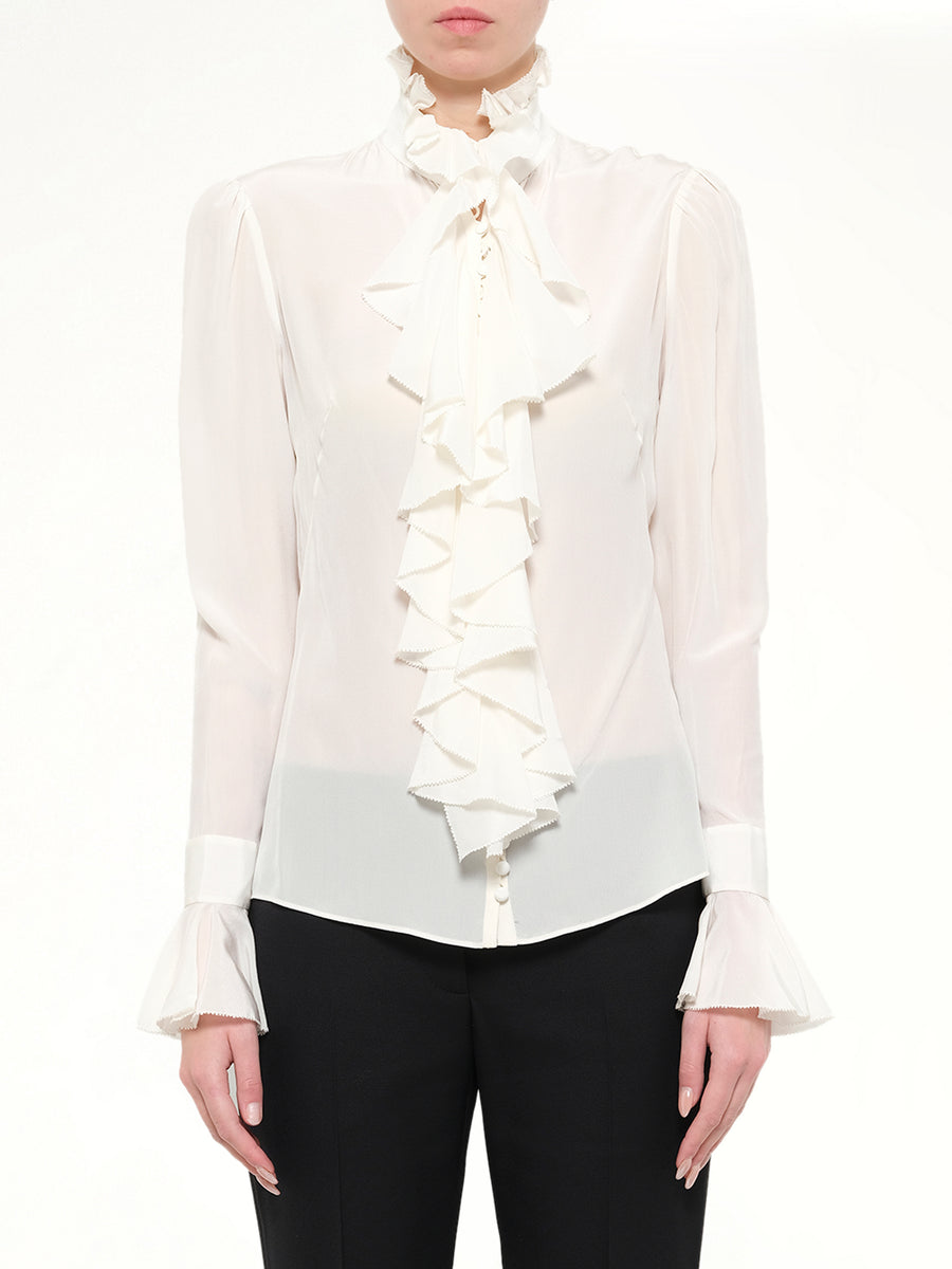 Long Sleeve Ruffle Shirt in White