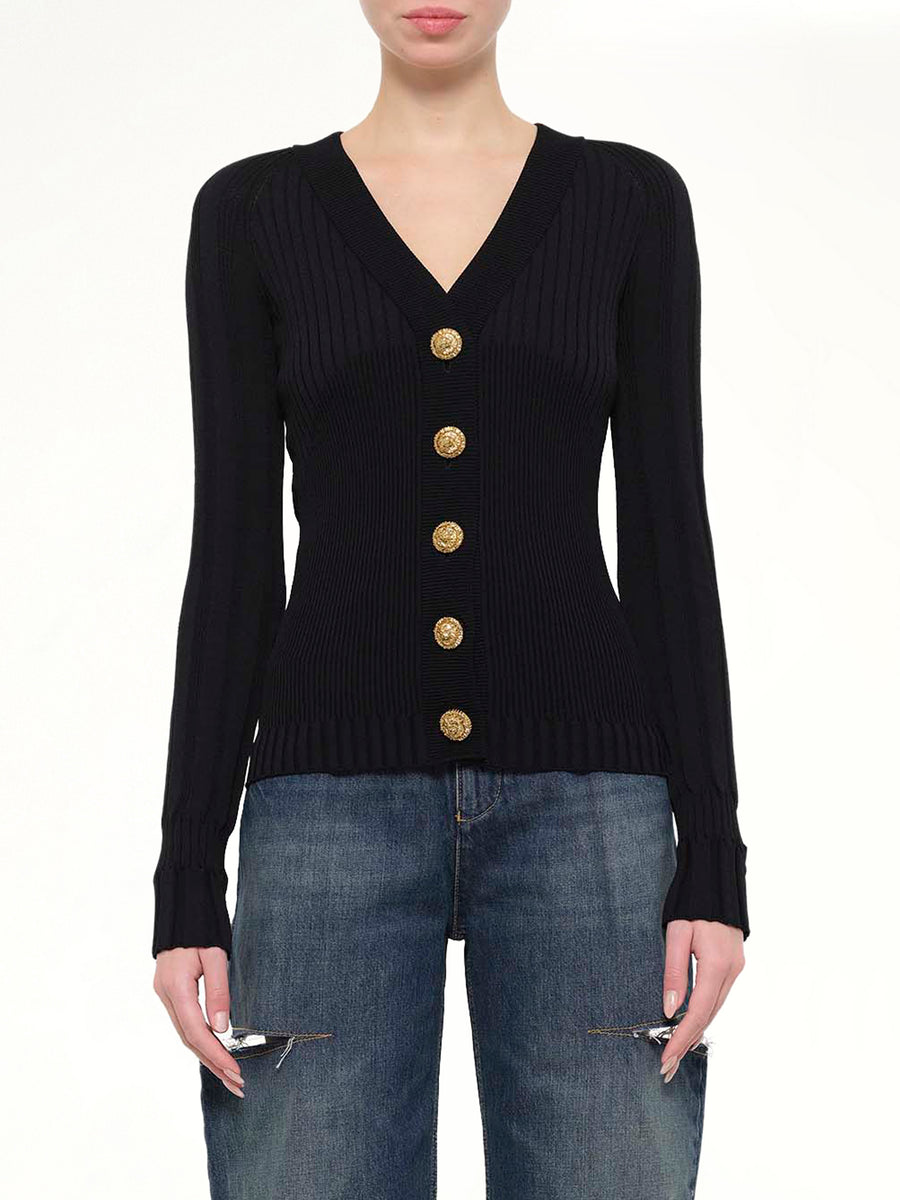 LS Buttoned V-Neck Light Knit Cardigan in Black